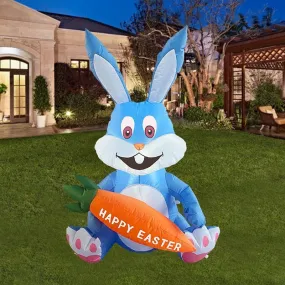 4 Feet Blue Bunny with Carrot Inflatable Easter Bunny Blowup Outdoor Toys with Build-in LEDs Yard Lawn Garden Decorations