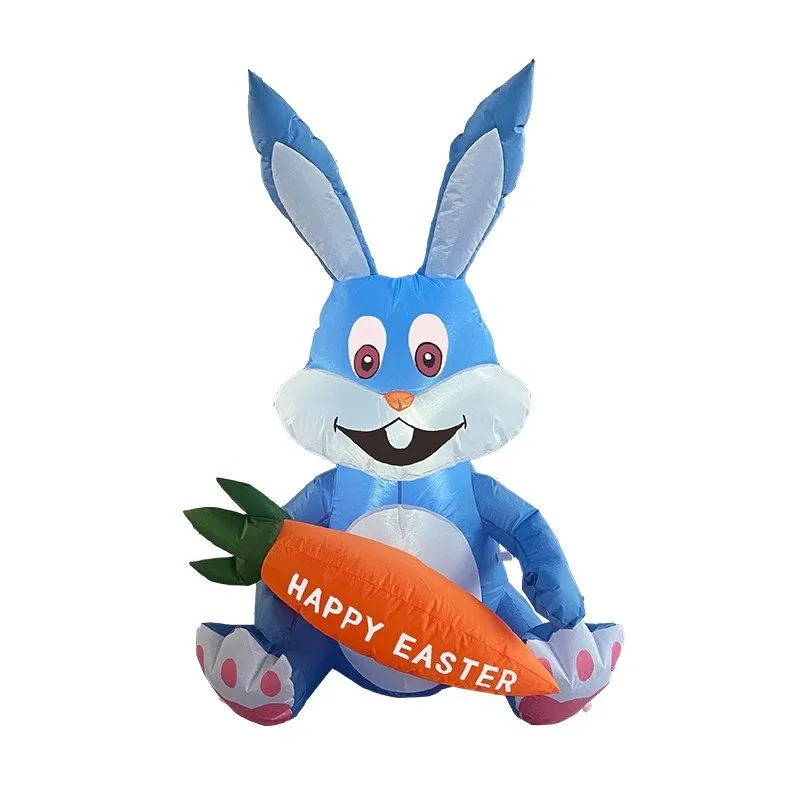 4 Feet Blue Bunny with Carrot Inflatable Easter Bunny Blowup Outdoor Toys with Build-in LEDs Yard Lawn Garden Decorations