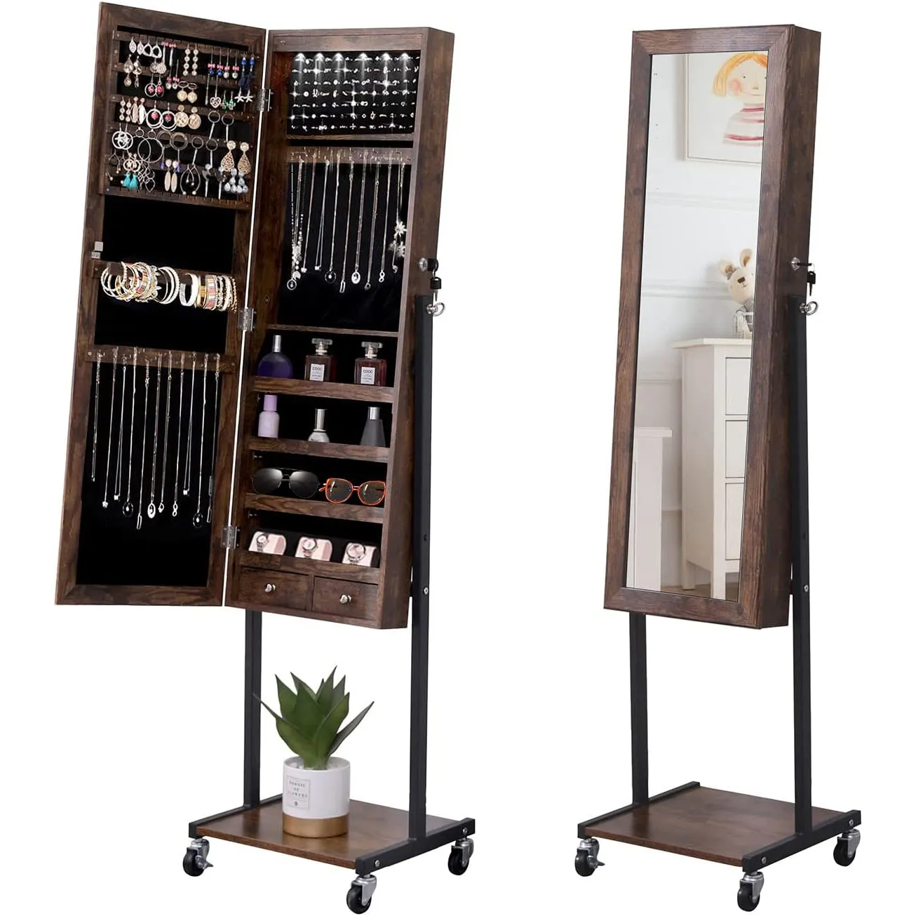 6 LEDs Mirror Jewelry Cabinet Armoire with Wheels