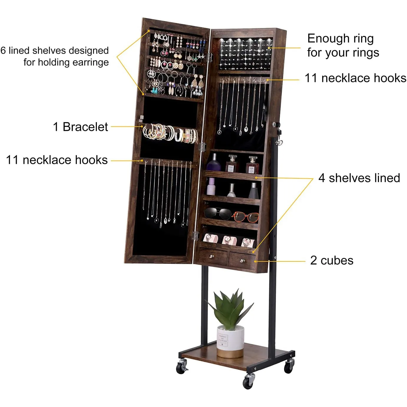 6 LEDs Mirror Jewelry Cabinet Armoire with Wheels