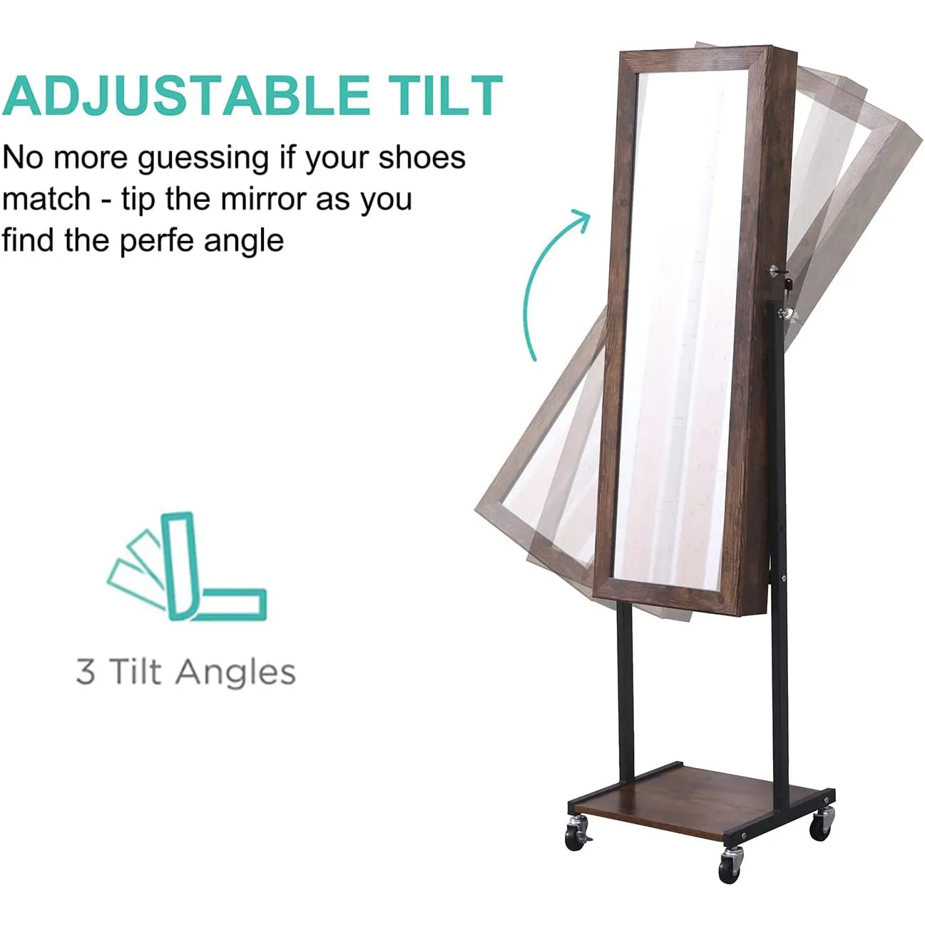 6 LEDs Mirror Jewelry Cabinet Armoire with Wheels