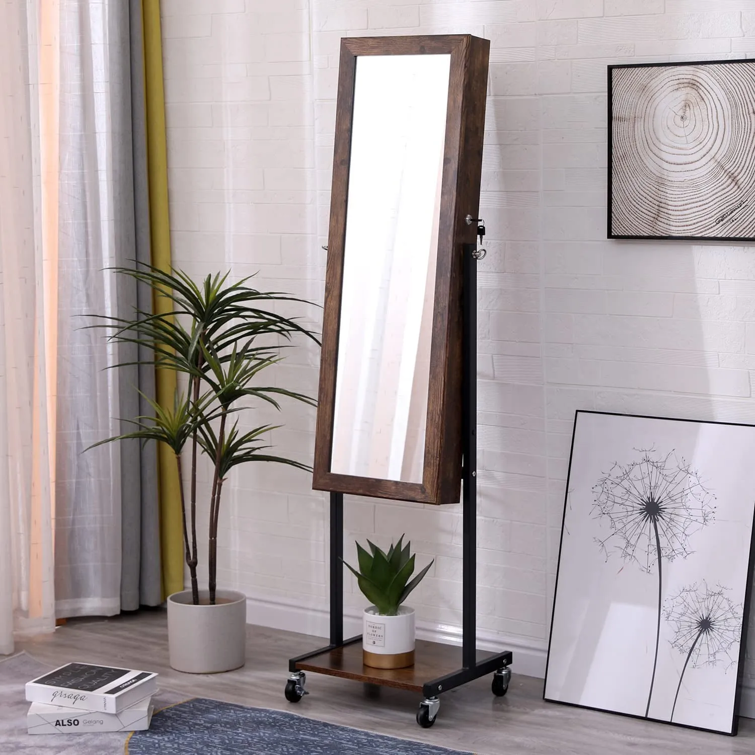 6 LEDs Mirror Jewelry Cabinet Armoire with Wheels