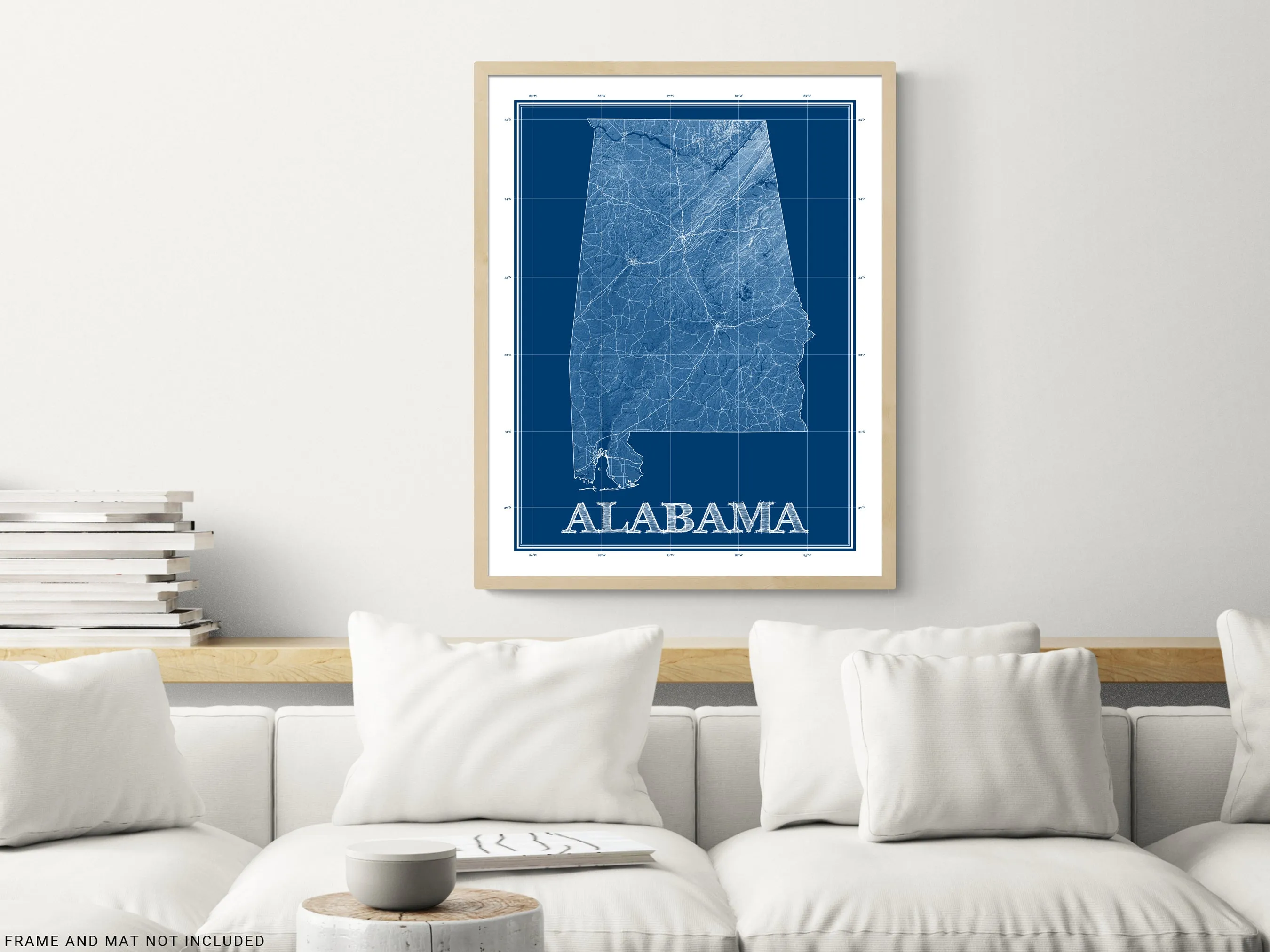 Alabama Map Wall Art Print Poster, 3D Blue Topographic Blueprint Style AL State Road Maps
