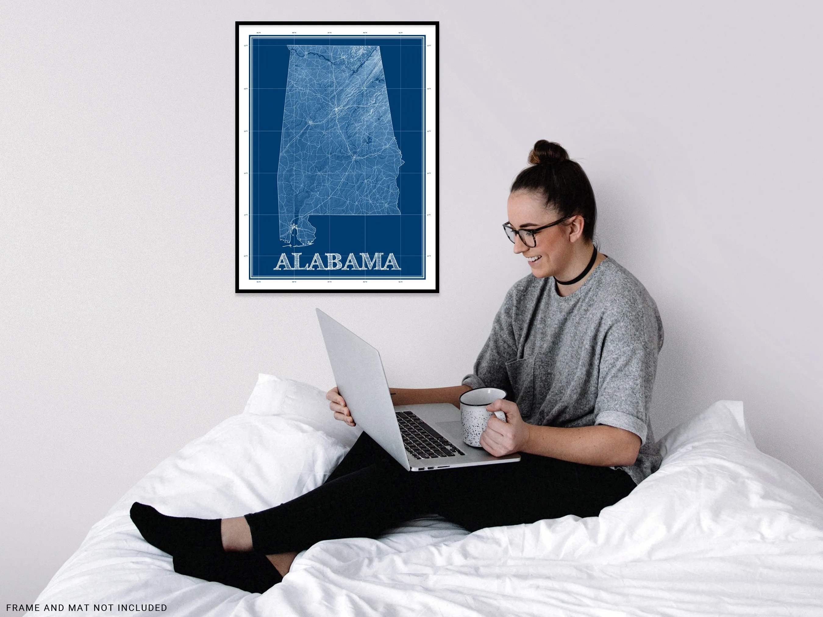 Alabama Map Wall Art Print Poster, 3D Blue Topographic Blueprint Style AL State Road Maps