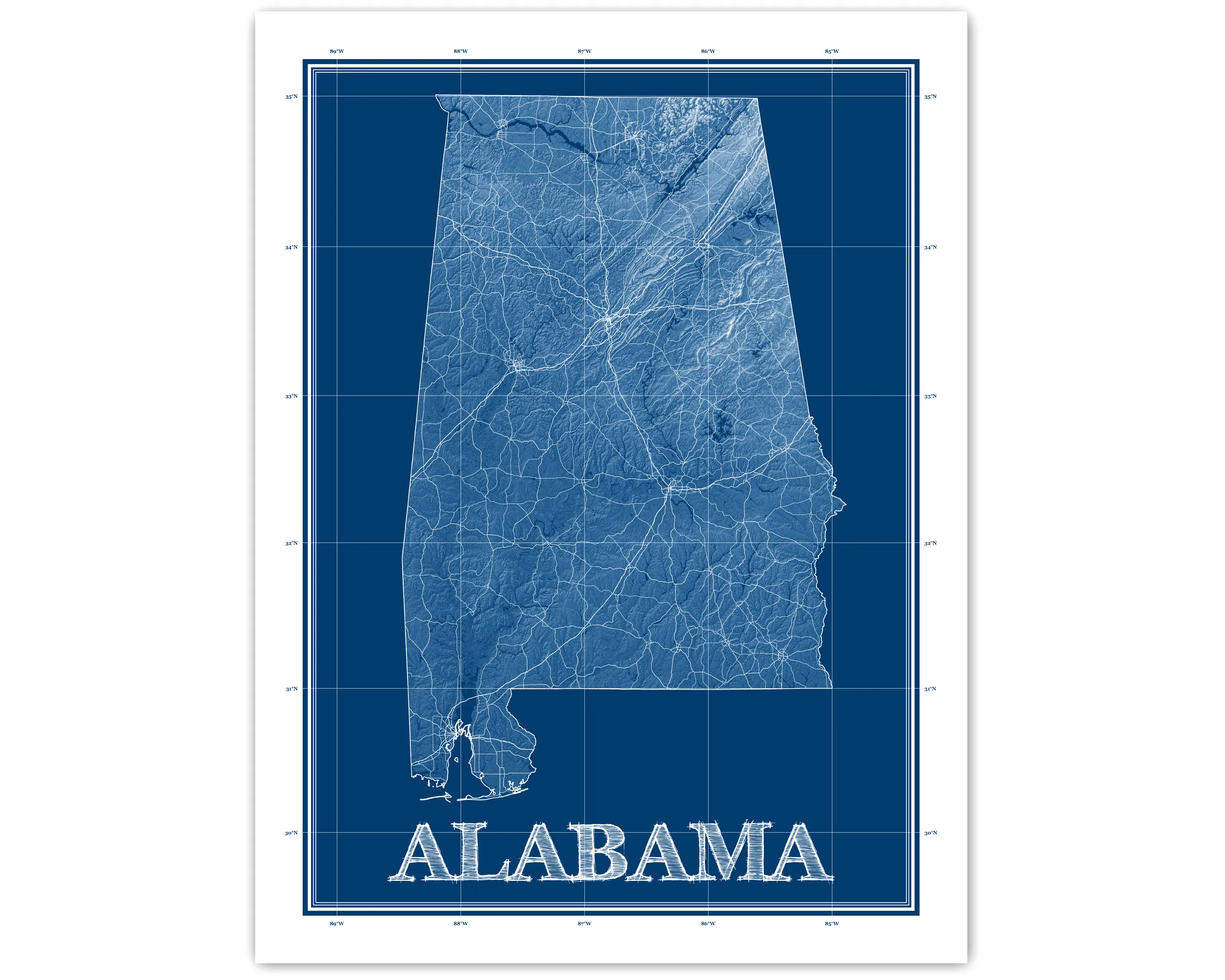 Alabama Map Wall Art Print Poster, 3D Blue Topographic Blueprint Style AL State Road Maps