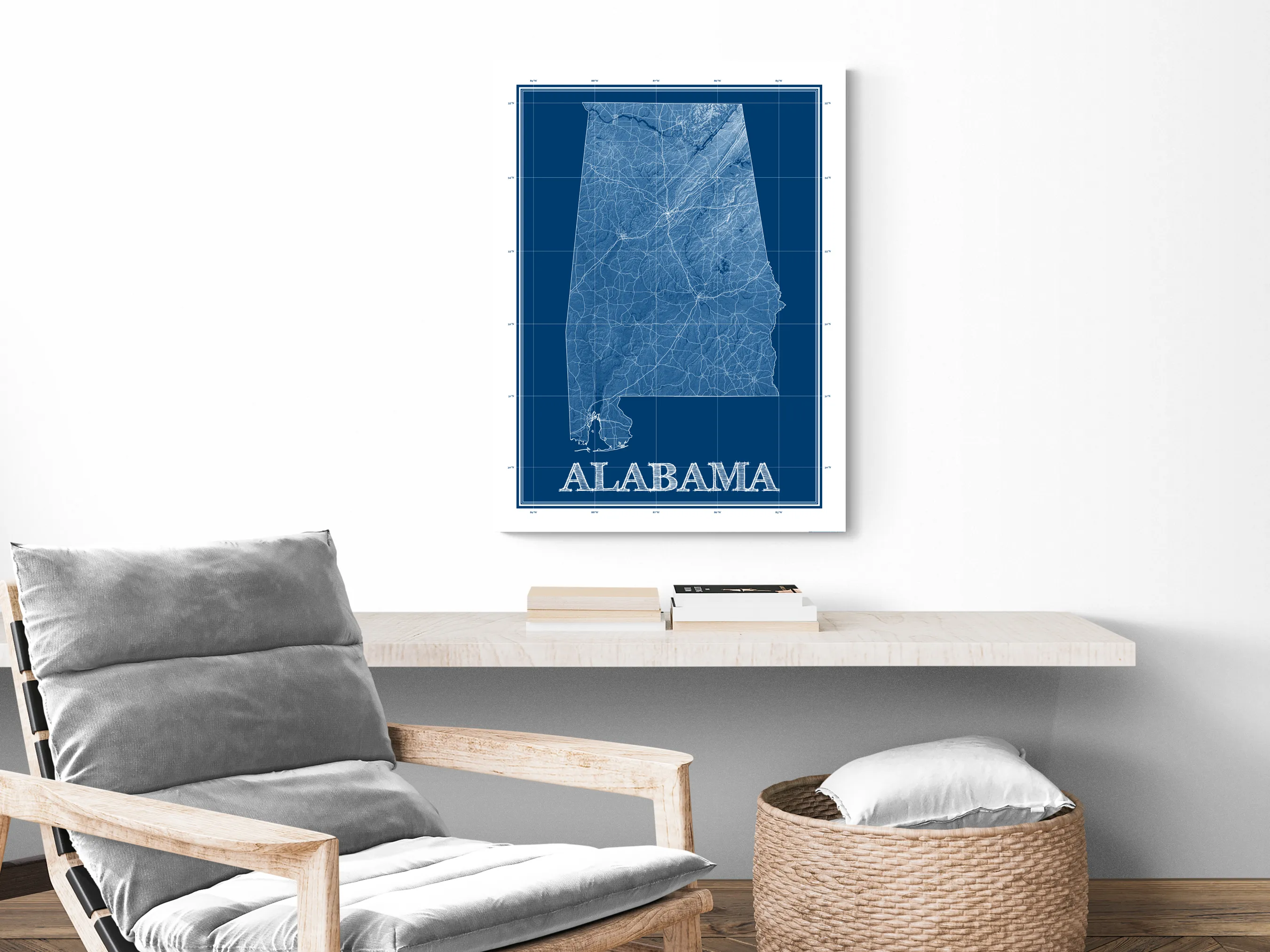 Alabama Map Wall Art Print Poster, 3D Blue Topographic Blueprint Style AL State Road Maps