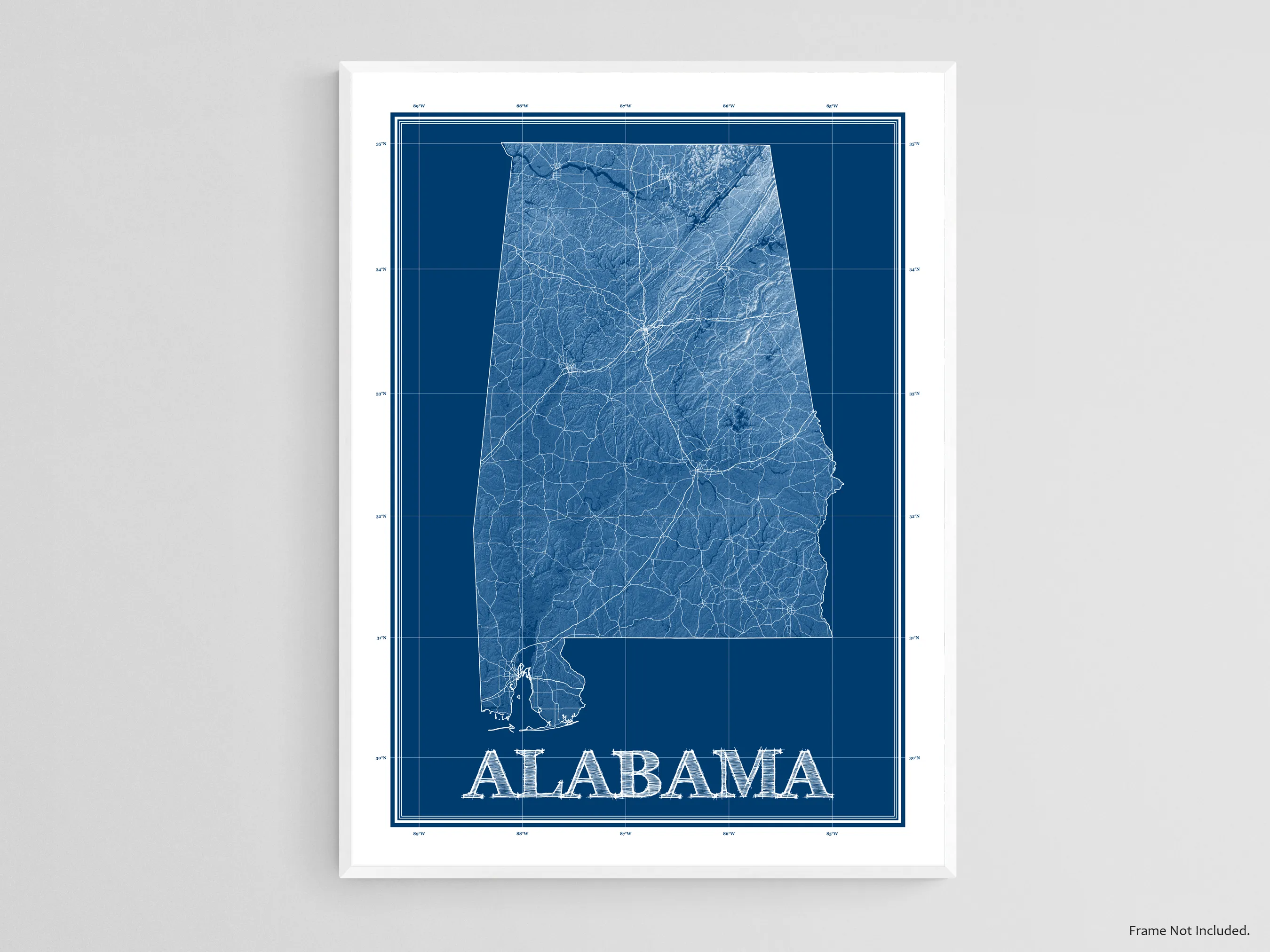 Alabama Map Wall Art Print Poster, 3D Blue Topographic Blueprint Style AL State Road Maps