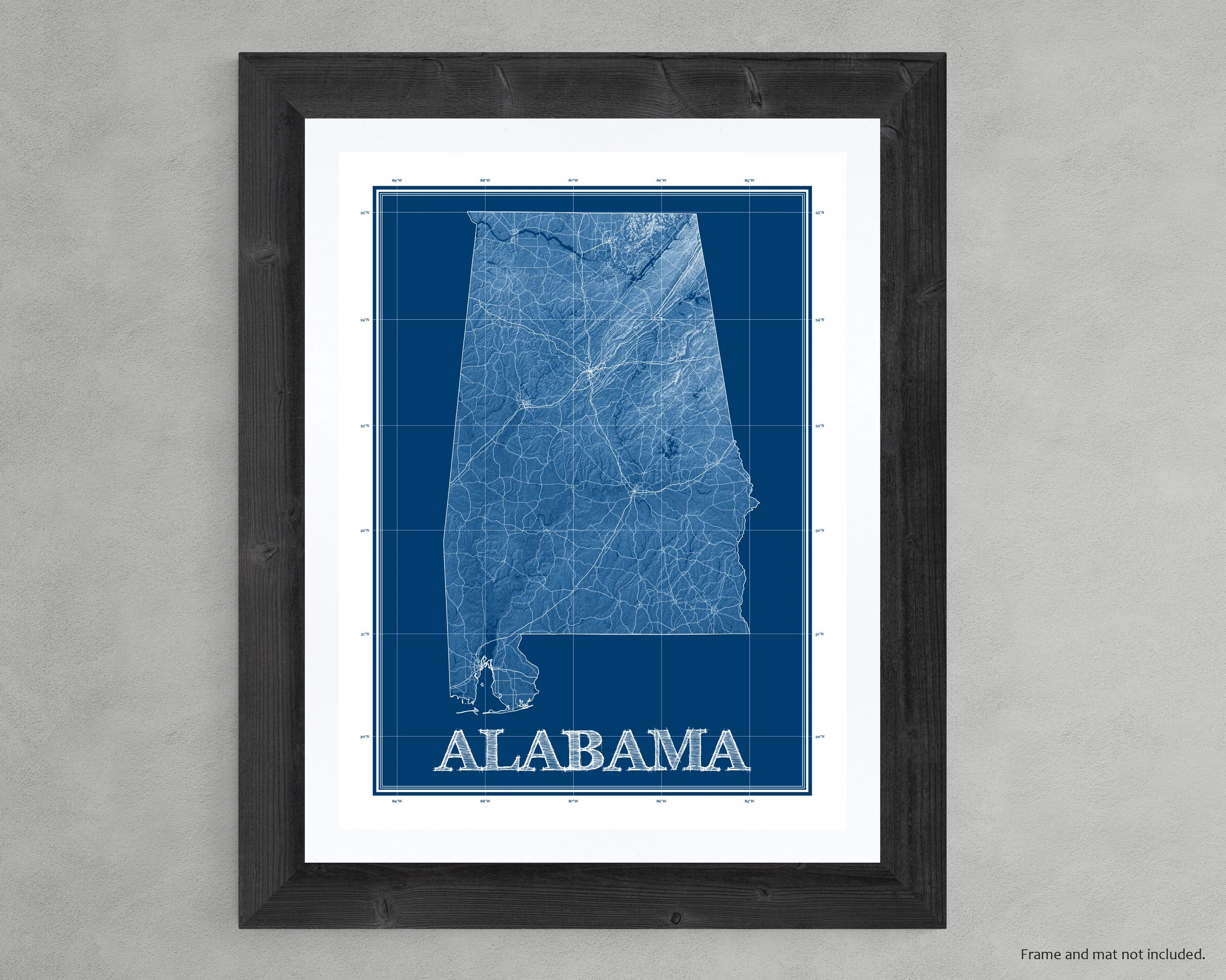 Alabama Map Wall Art Print Poster, 3D Blue Topographic Blueprint Style AL State Road Maps