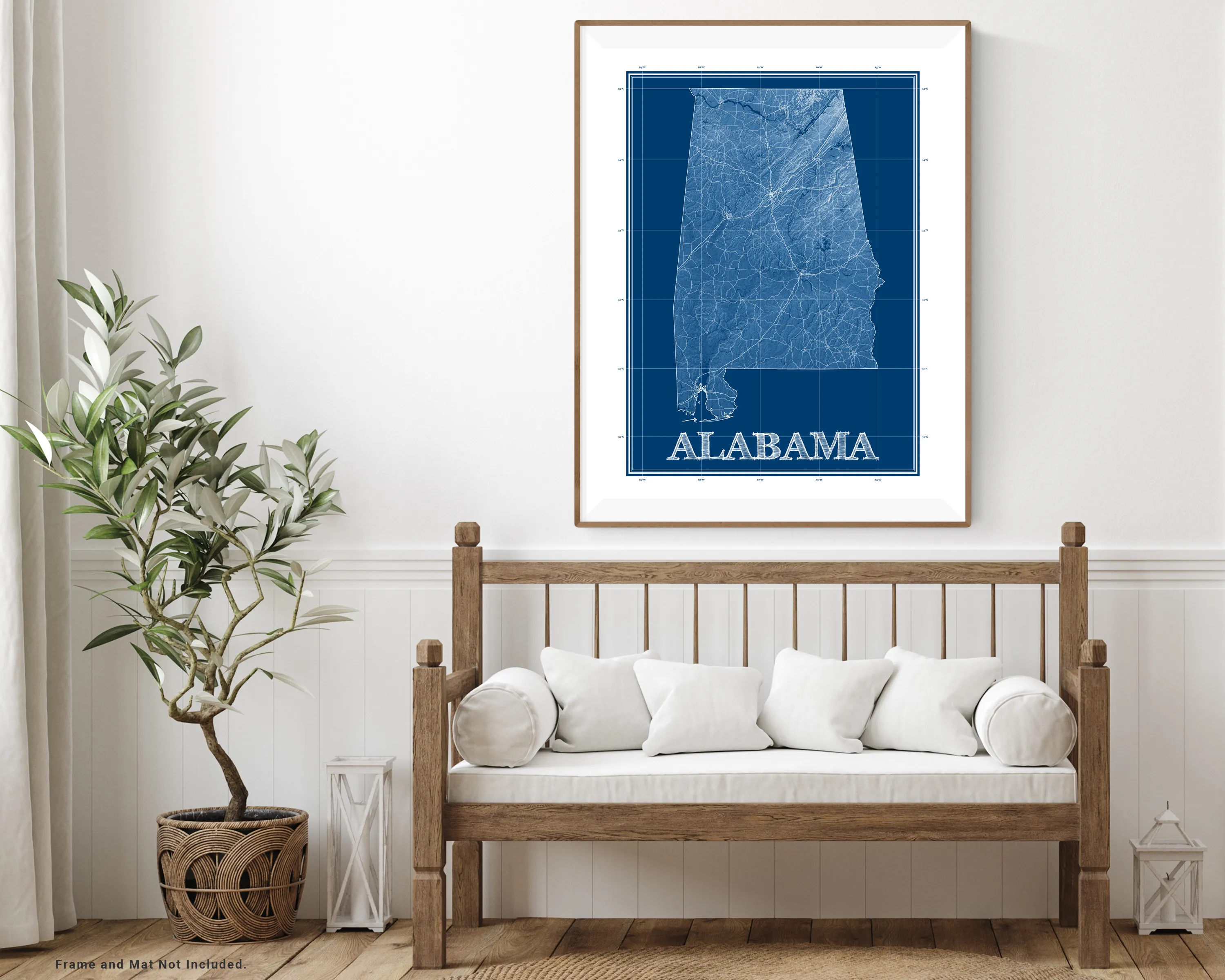 Alabama Map Wall Art Print Poster, 3D Blue Topographic Blueprint Style AL State Road Maps