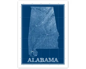 Alabama Map Wall Art Print Poster, 3D Blue Topographic Blueprint Style AL State Road Maps