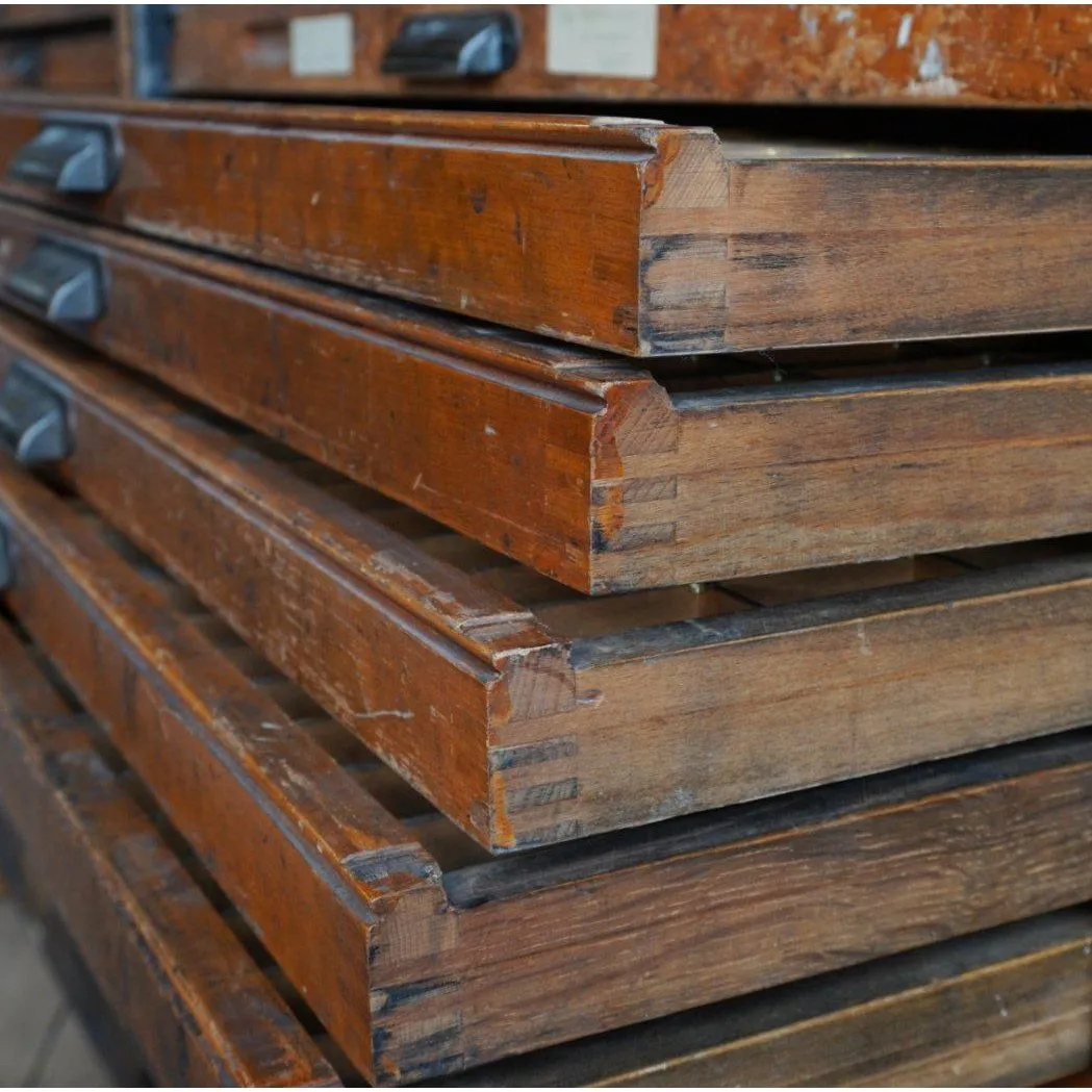 Antique Typesetting Drawer Desk - printers storage drawers