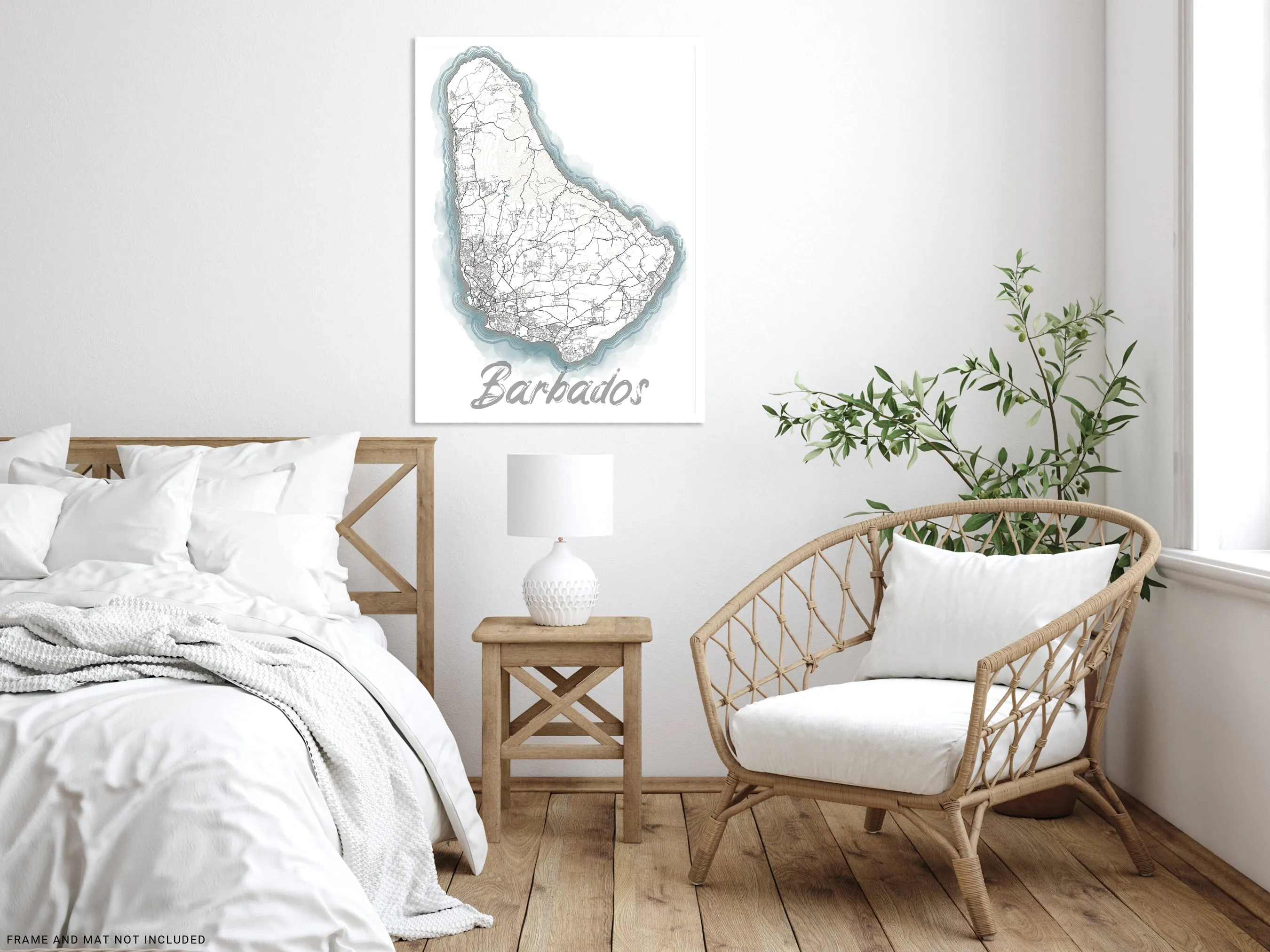 Barbados Island Map Wall Art Print Poster, Blue Watercolor Design Coastal Caribbean Decor