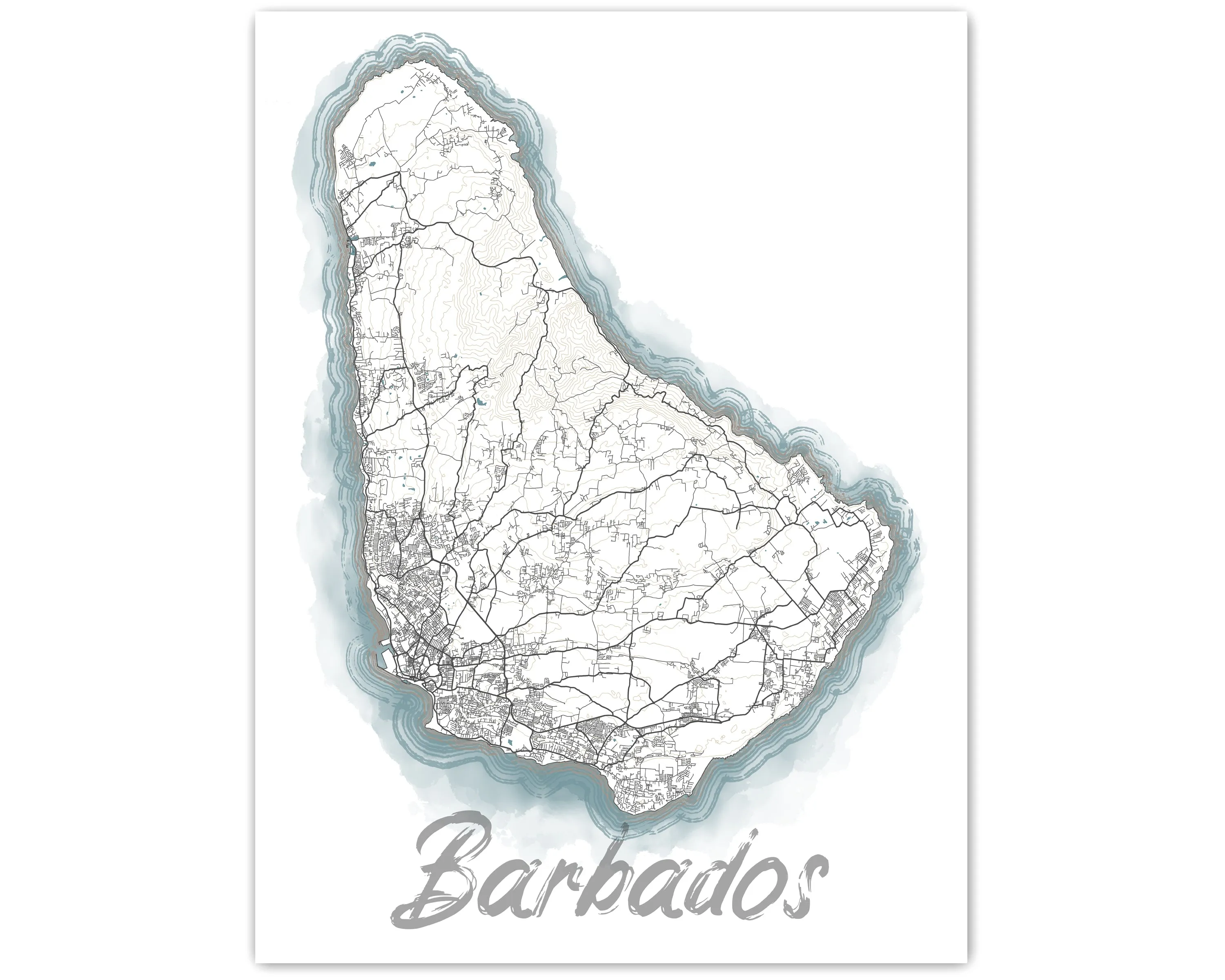 Barbados Island Map Wall Art Print Poster, Blue Watercolor Design Coastal Caribbean Decor