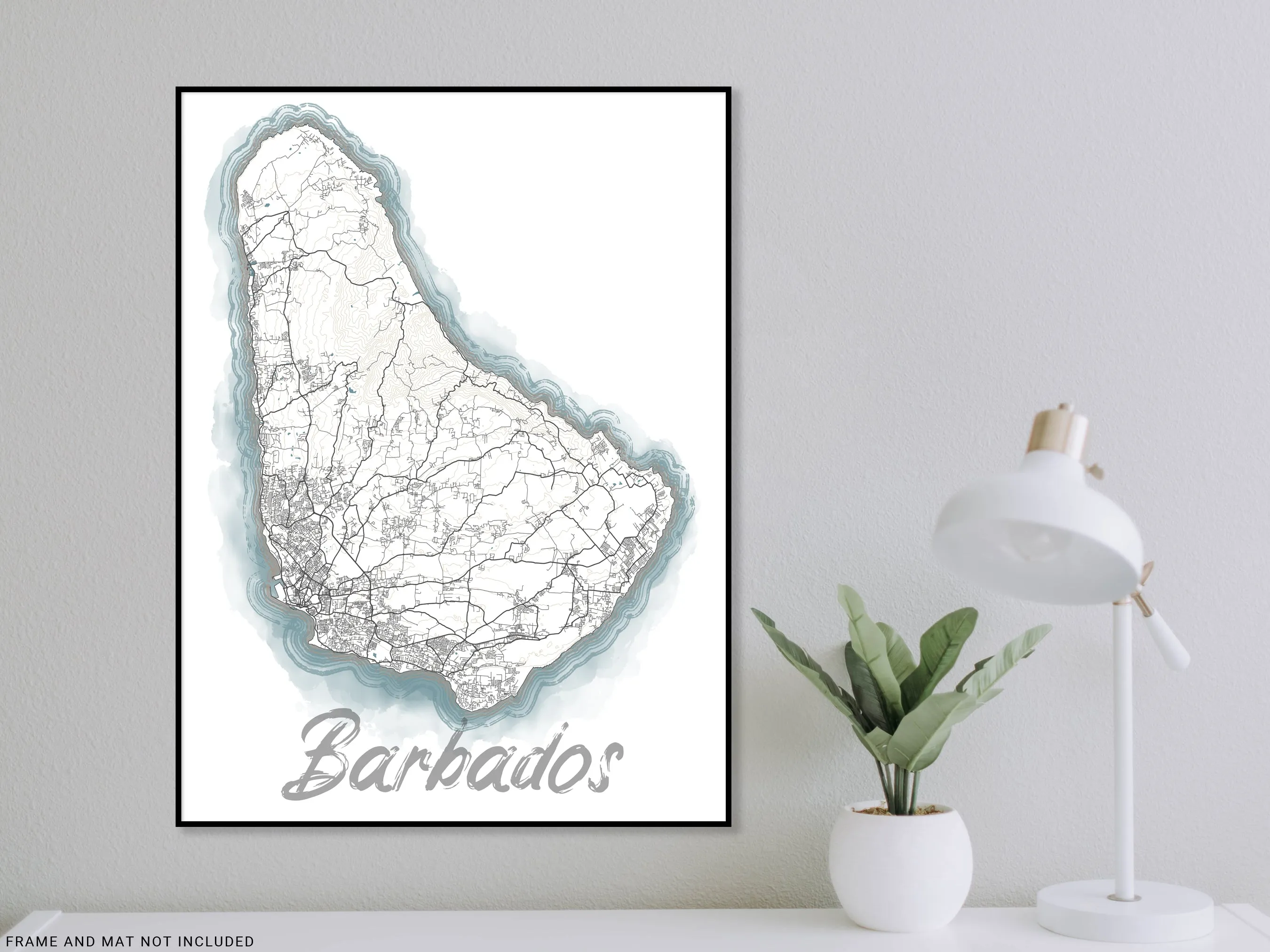 Barbados Island Map Wall Art Print Poster, Blue Watercolor Design Coastal Caribbean Decor