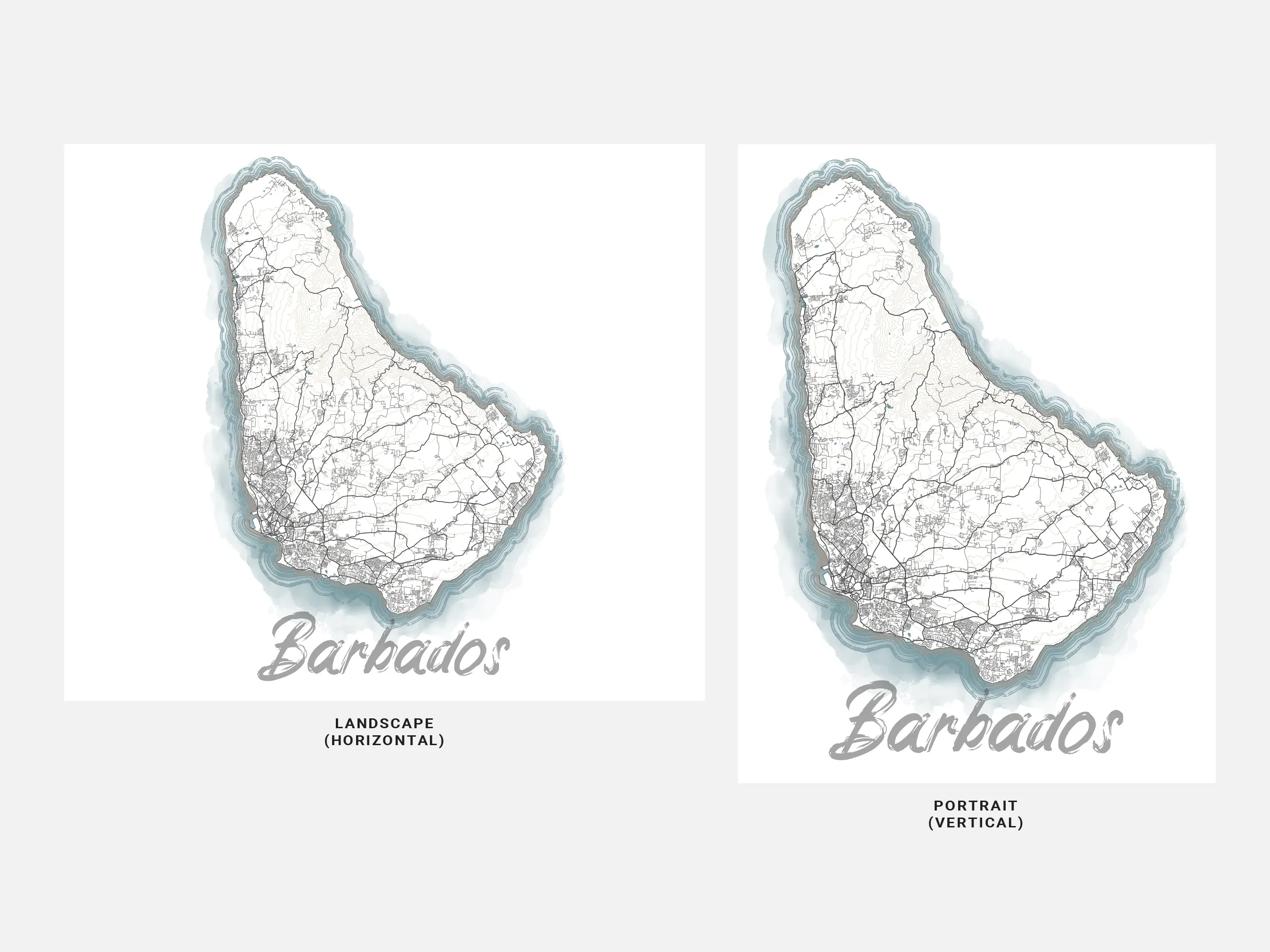 Barbados Island Map Wall Art Print Poster, Blue Watercolor Design Coastal Caribbean Decor