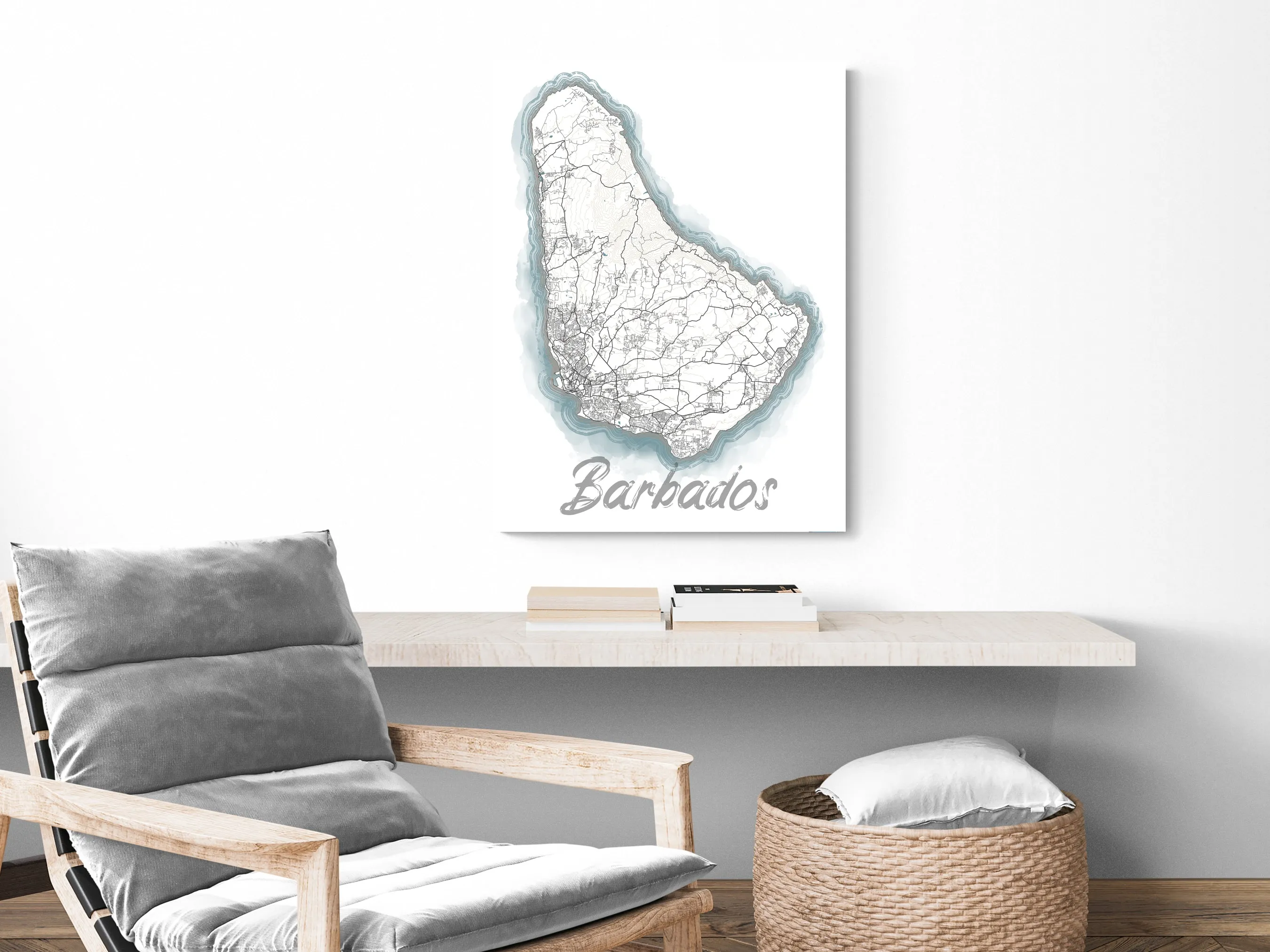 Barbados Island Map Wall Art Print Poster, Blue Watercolor Design Coastal Caribbean Decor