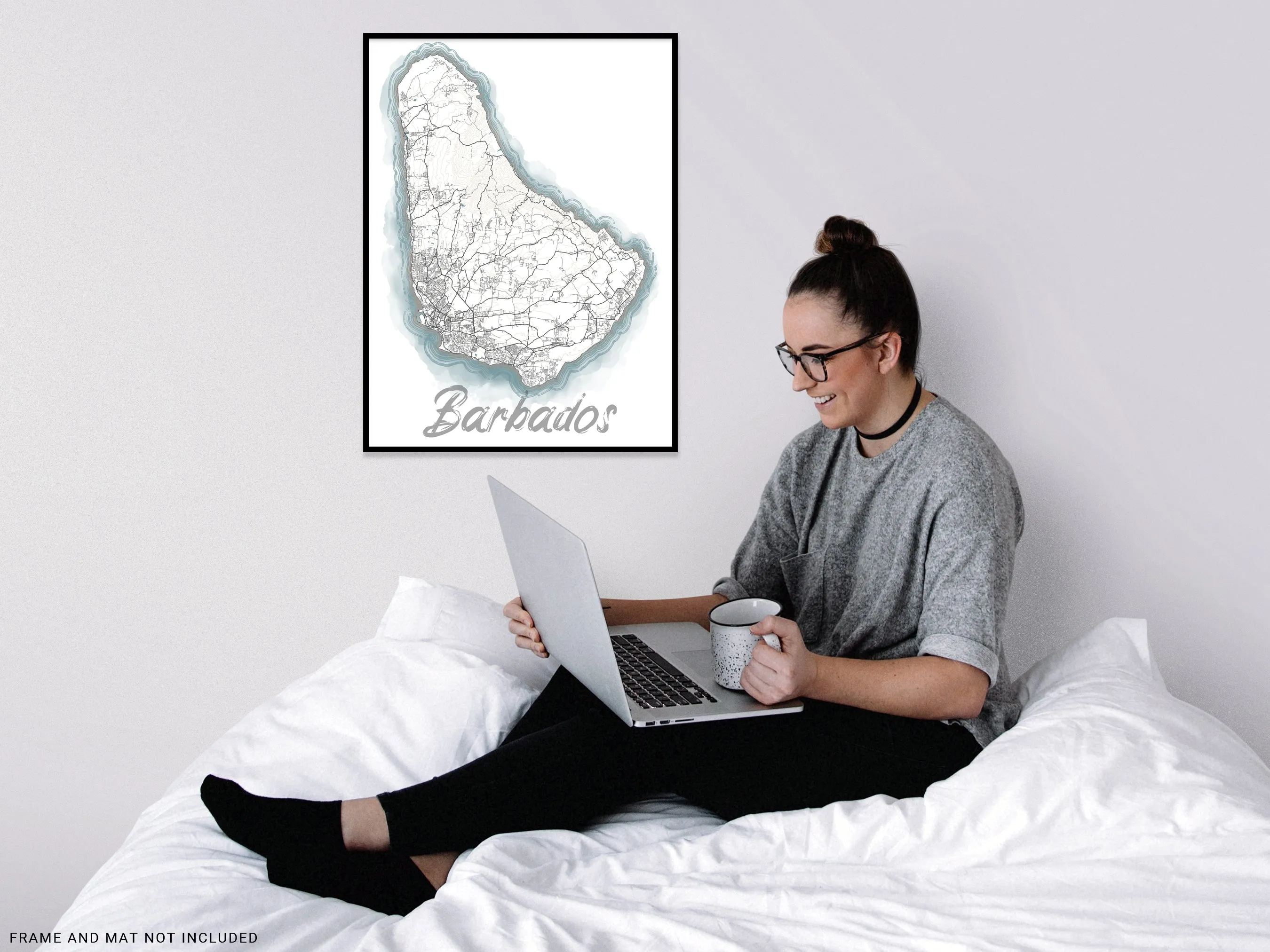 Barbados Island Map Wall Art Print Poster, Blue Watercolor Design Coastal Caribbean Decor