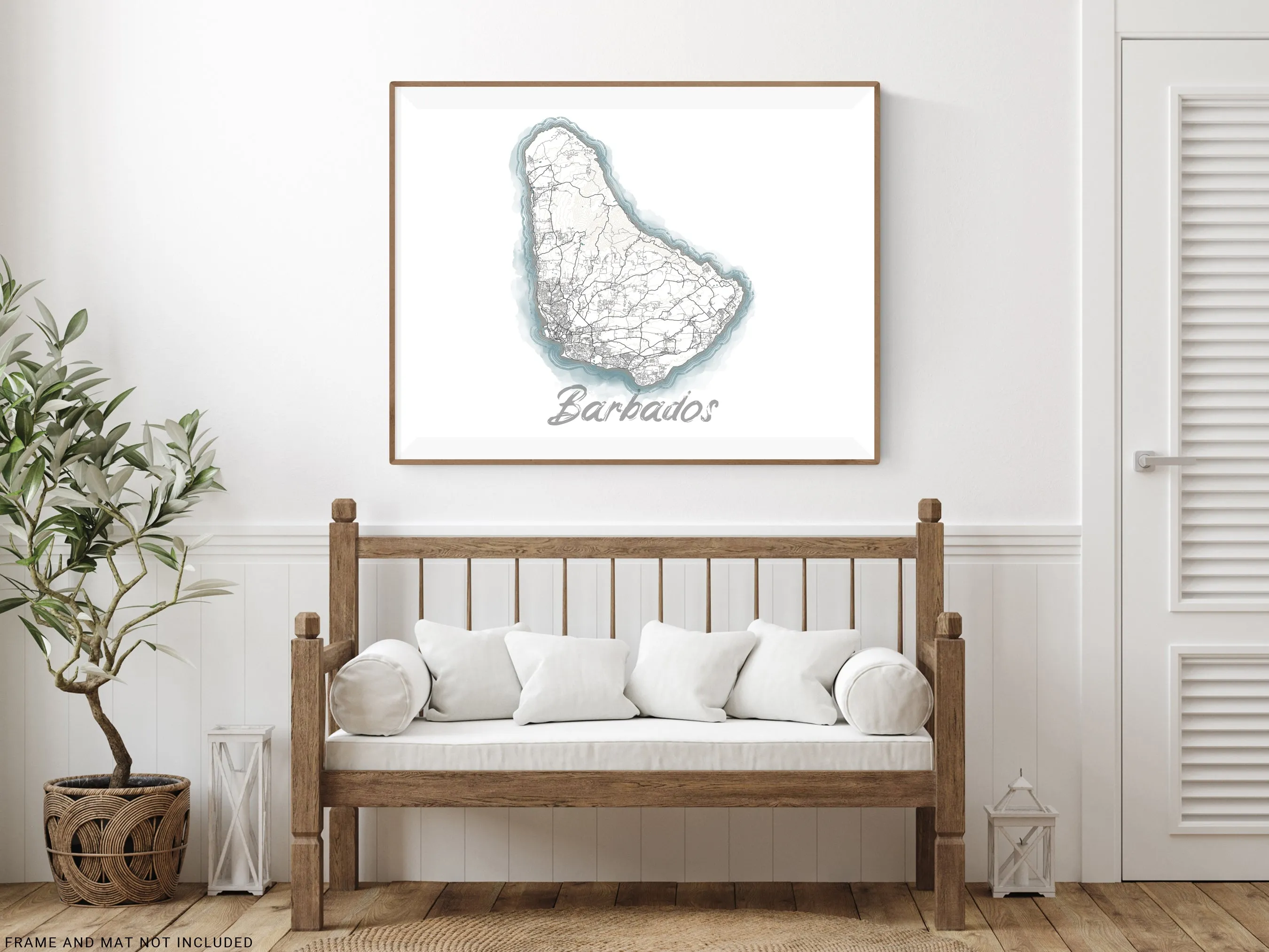 Barbados Island Map Wall Art Print Poster, Blue Watercolor Design Coastal Caribbean Decor