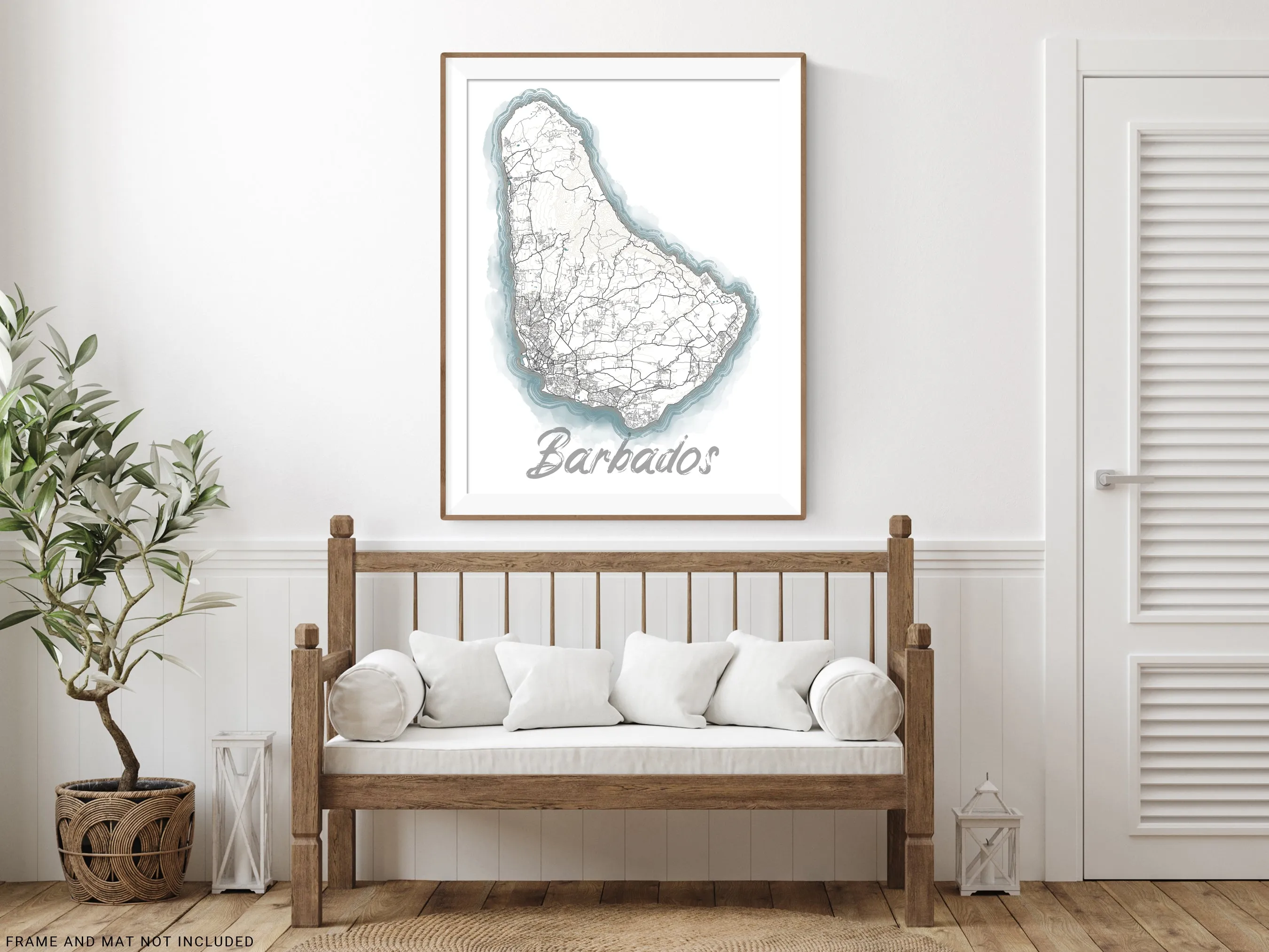 Barbados Island Map Wall Art Print Poster, Blue Watercolor Design Coastal Caribbean Decor