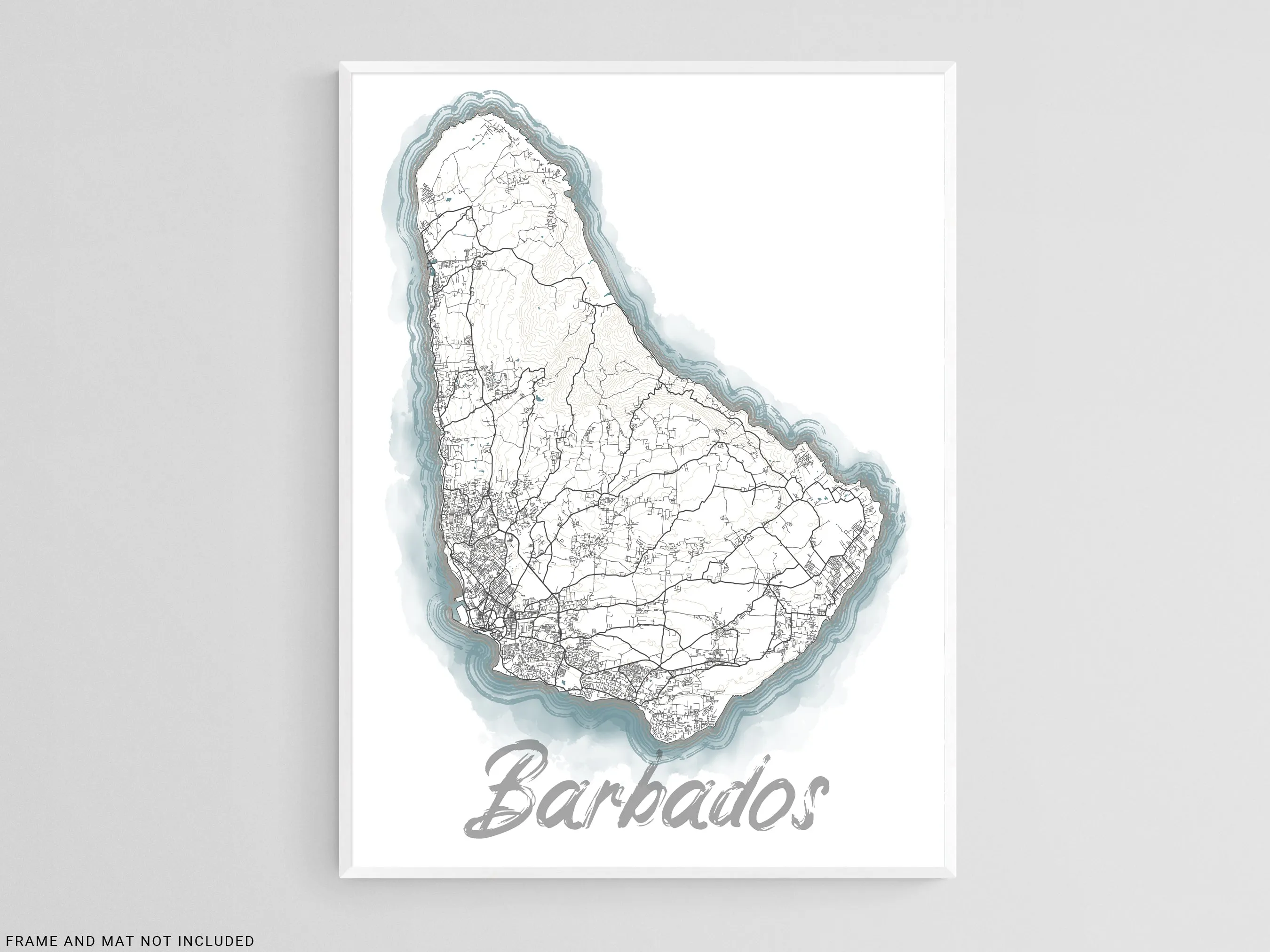 Barbados Island Map Wall Art Print Poster, Blue Watercolor Design Coastal Caribbean Decor