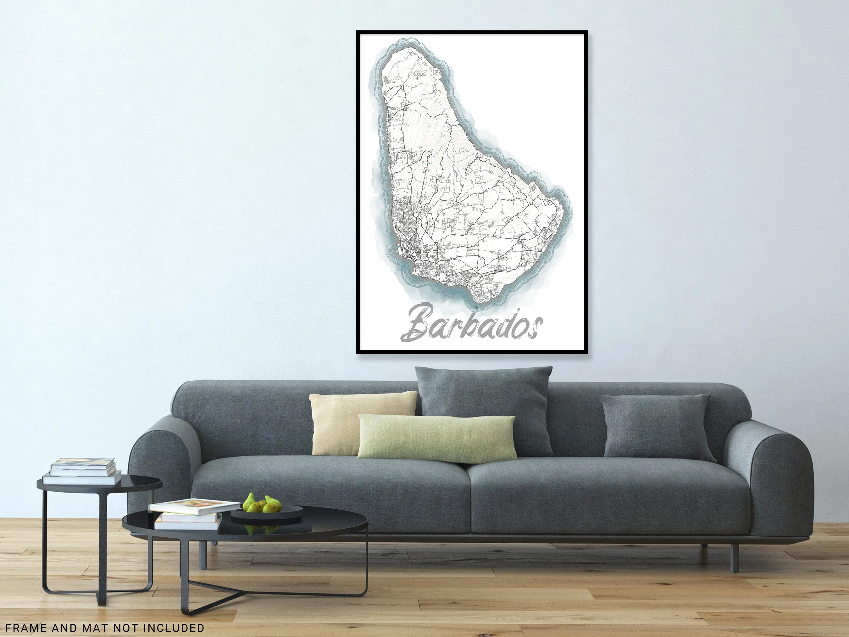 Barbados Island Map Wall Art Print Poster, Blue Watercolor Design Coastal Caribbean Decor