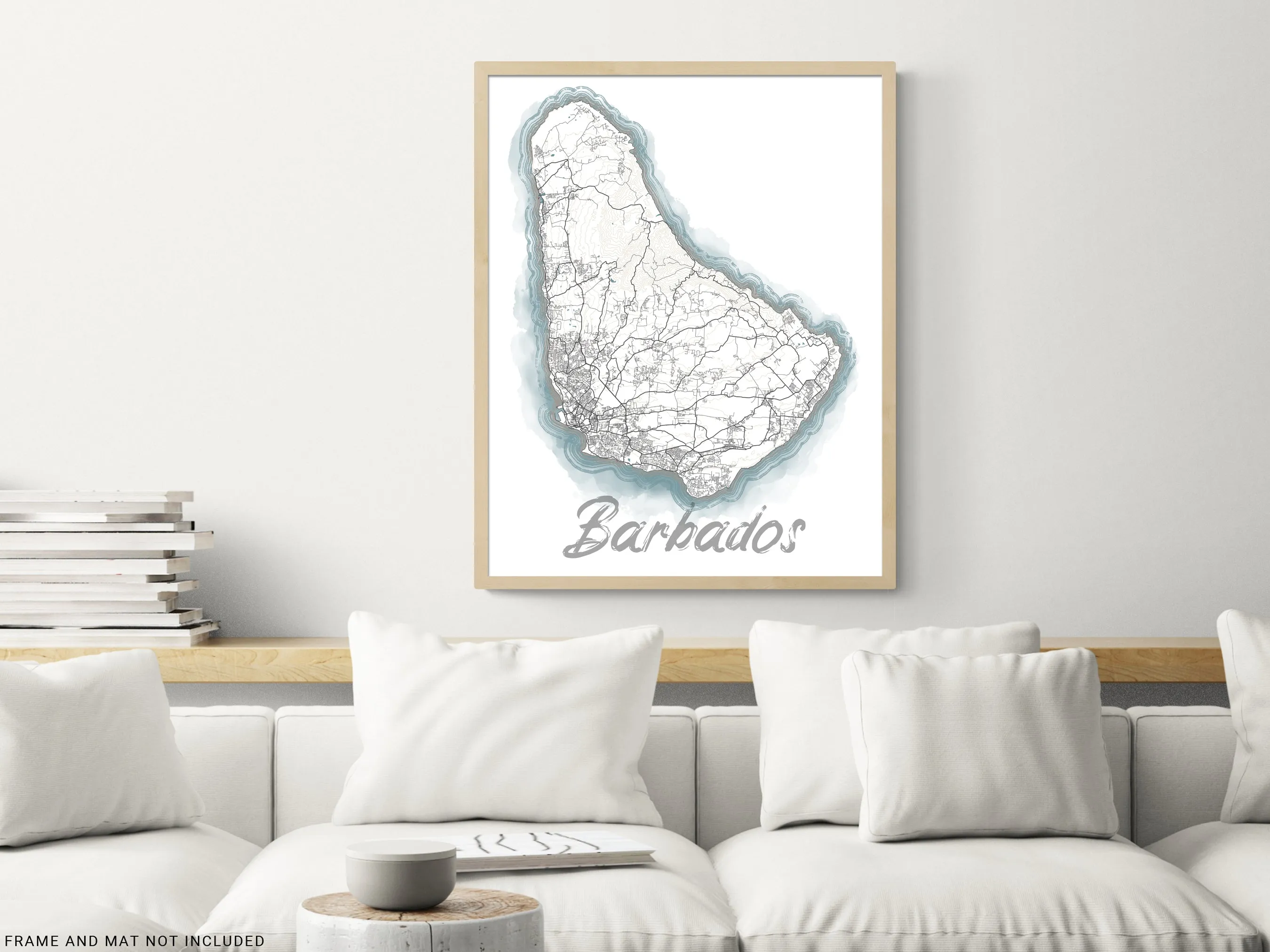 Barbados Island Map Wall Art Print Poster, Blue Watercolor Design Coastal Caribbean Decor