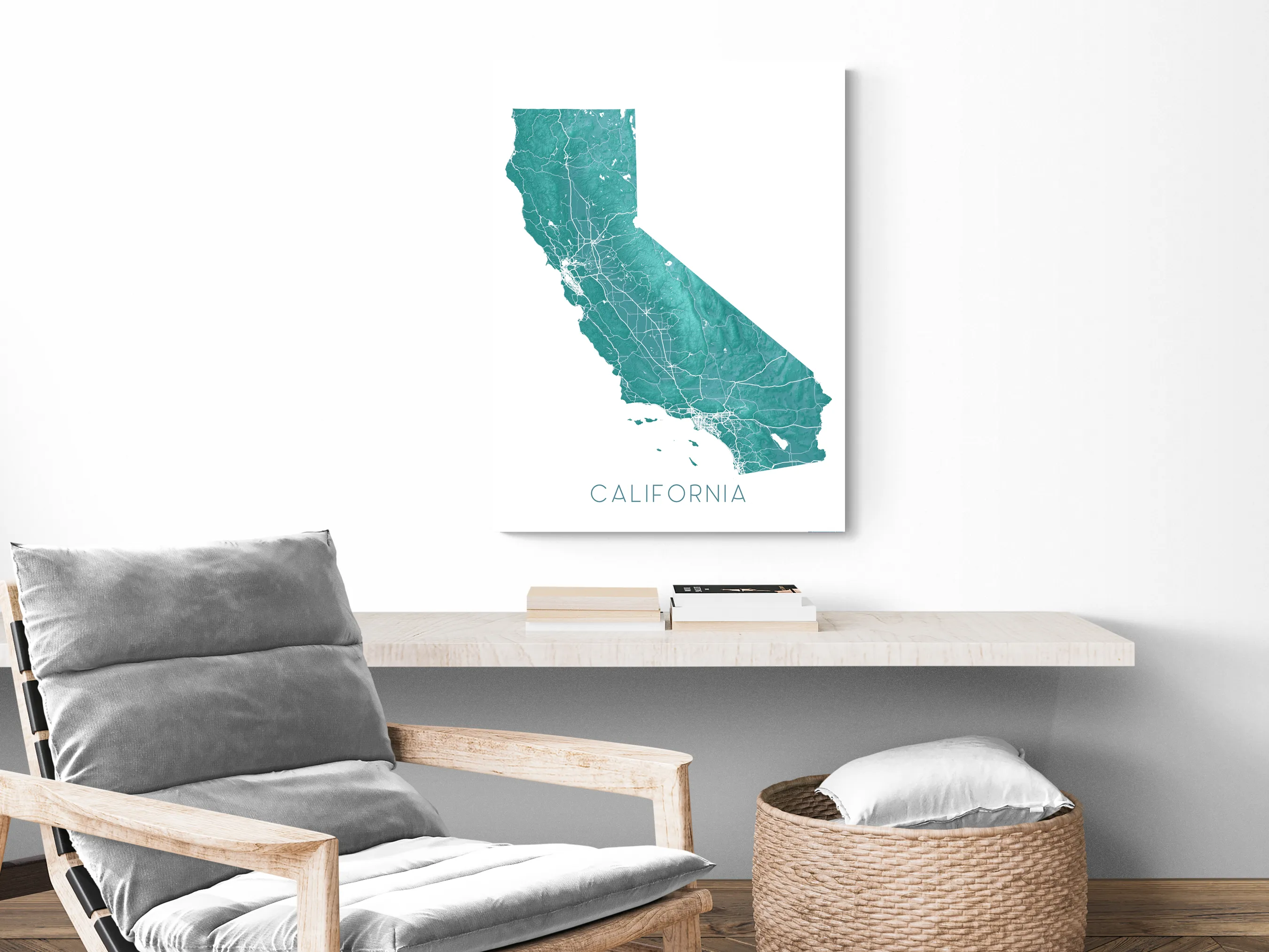 California Map Art Print, Turquoise Topographic CA State Poster Wall Maps