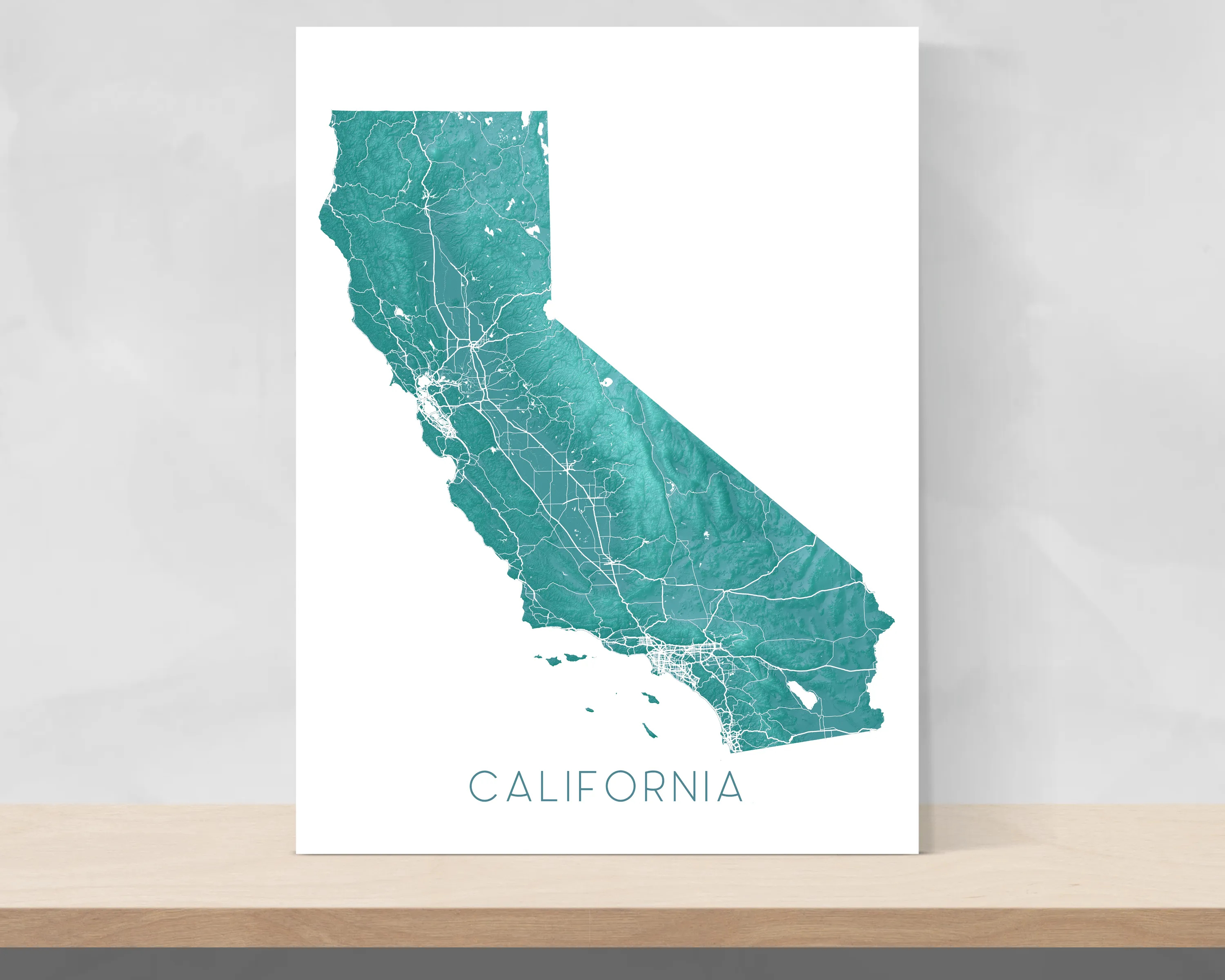 California Map Art Print, Turquoise Topographic CA State Poster Wall Maps