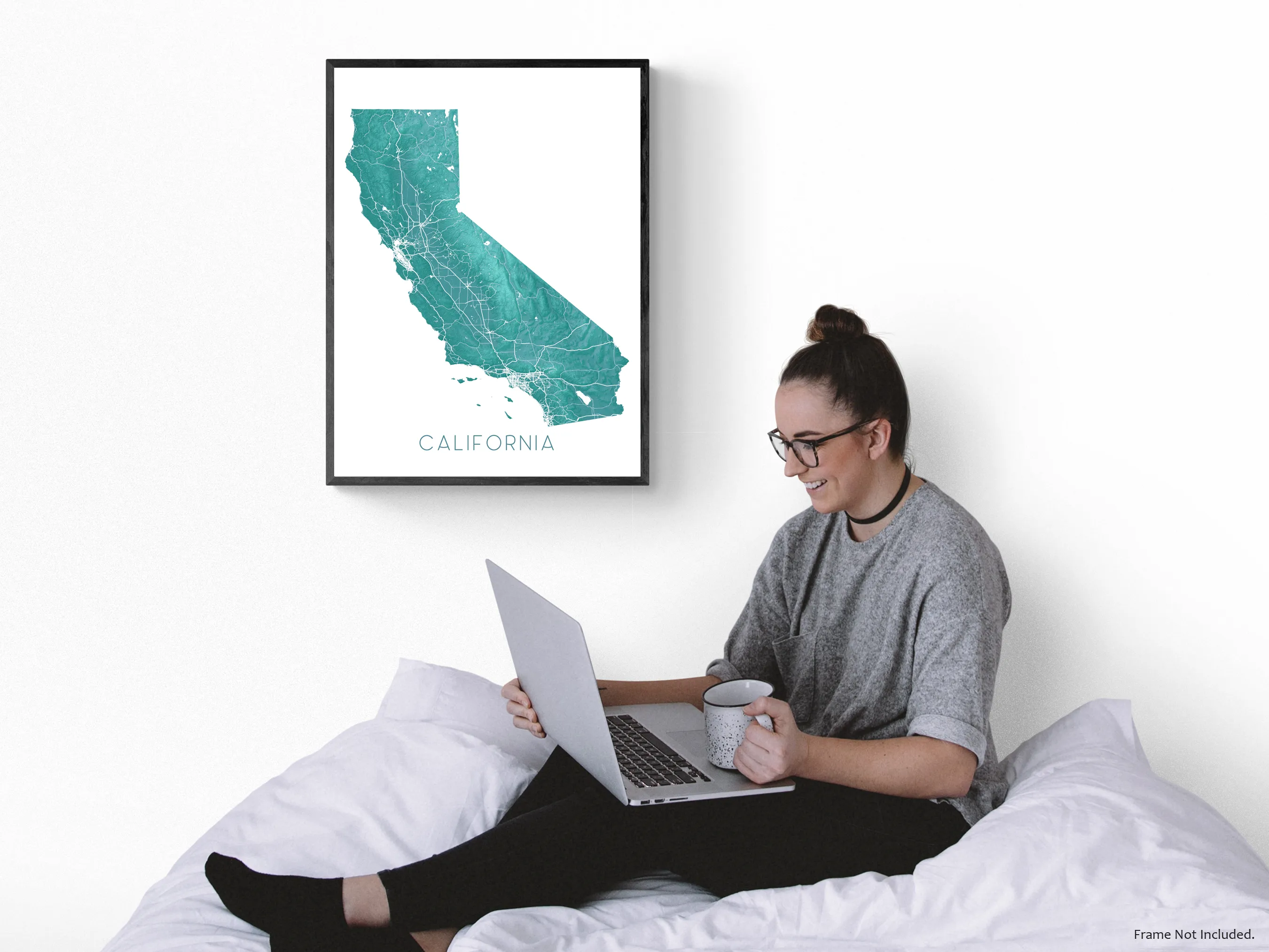 California Map Art Print, Turquoise Topographic CA State Poster Wall Maps