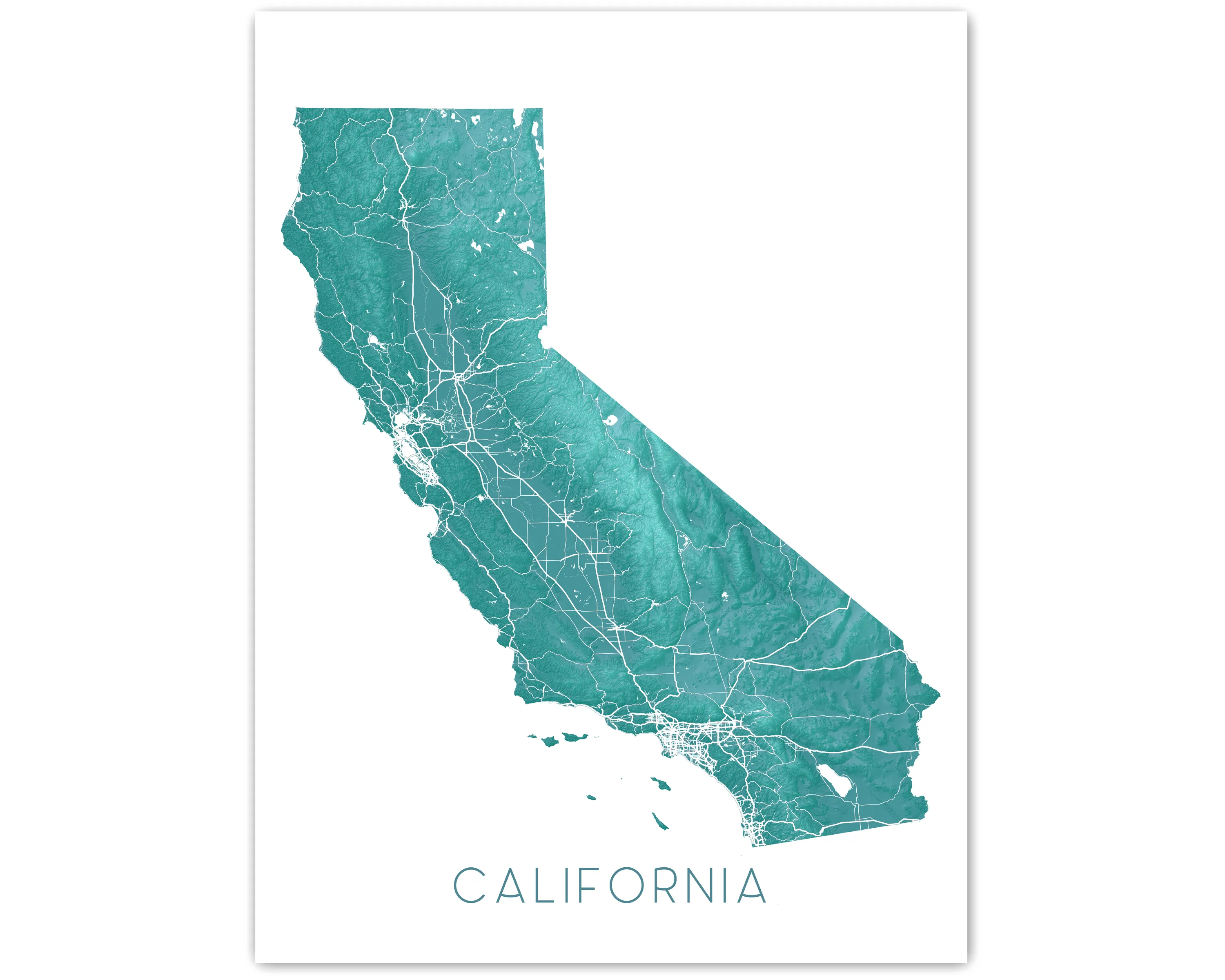 California Map Art Print, Turquoise Topographic CA State Poster Wall Maps