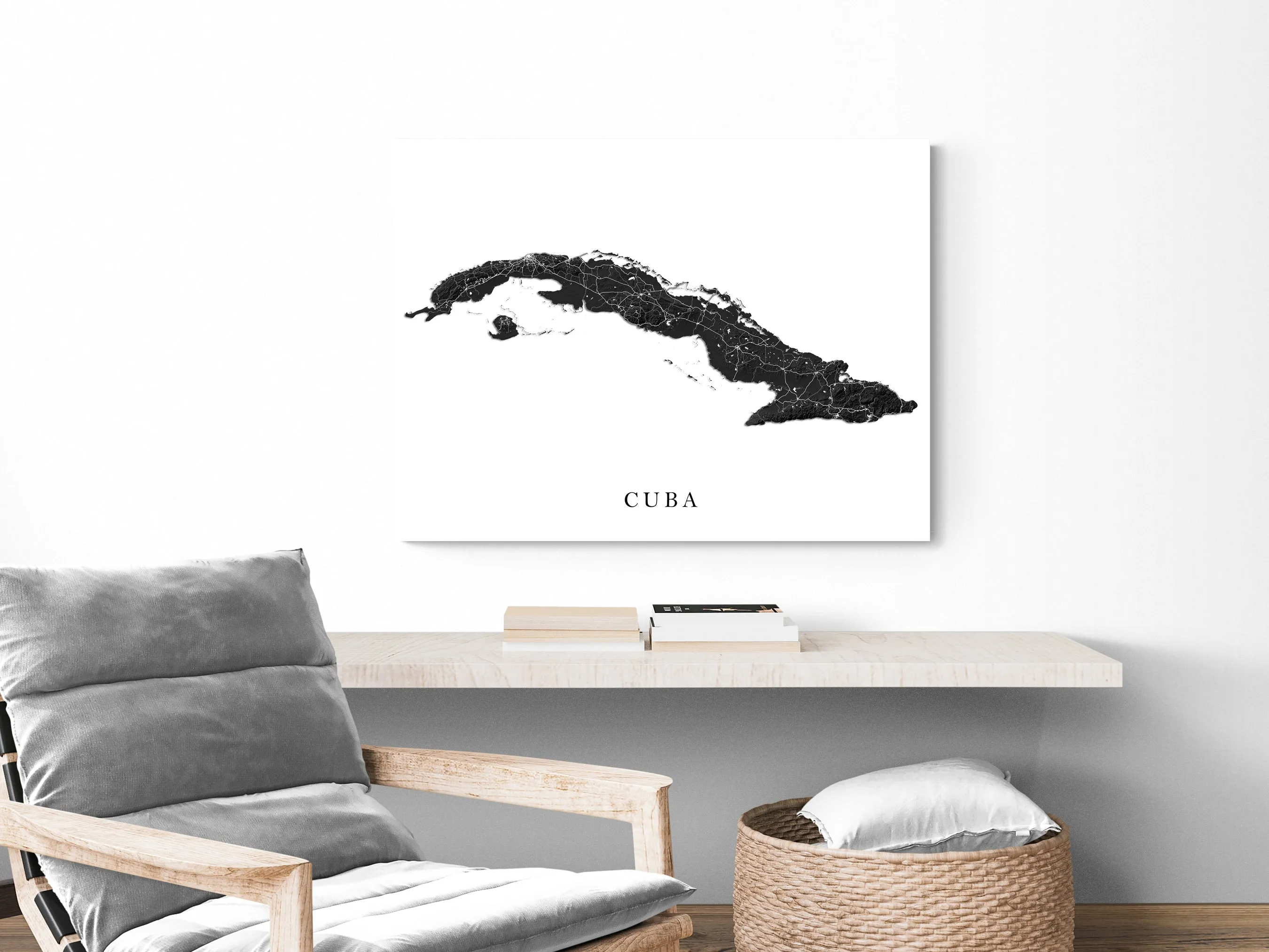 Cuba Map Print Poster, Black and White Topographic Cuban Island Wall Art Prints, Havana Varadero