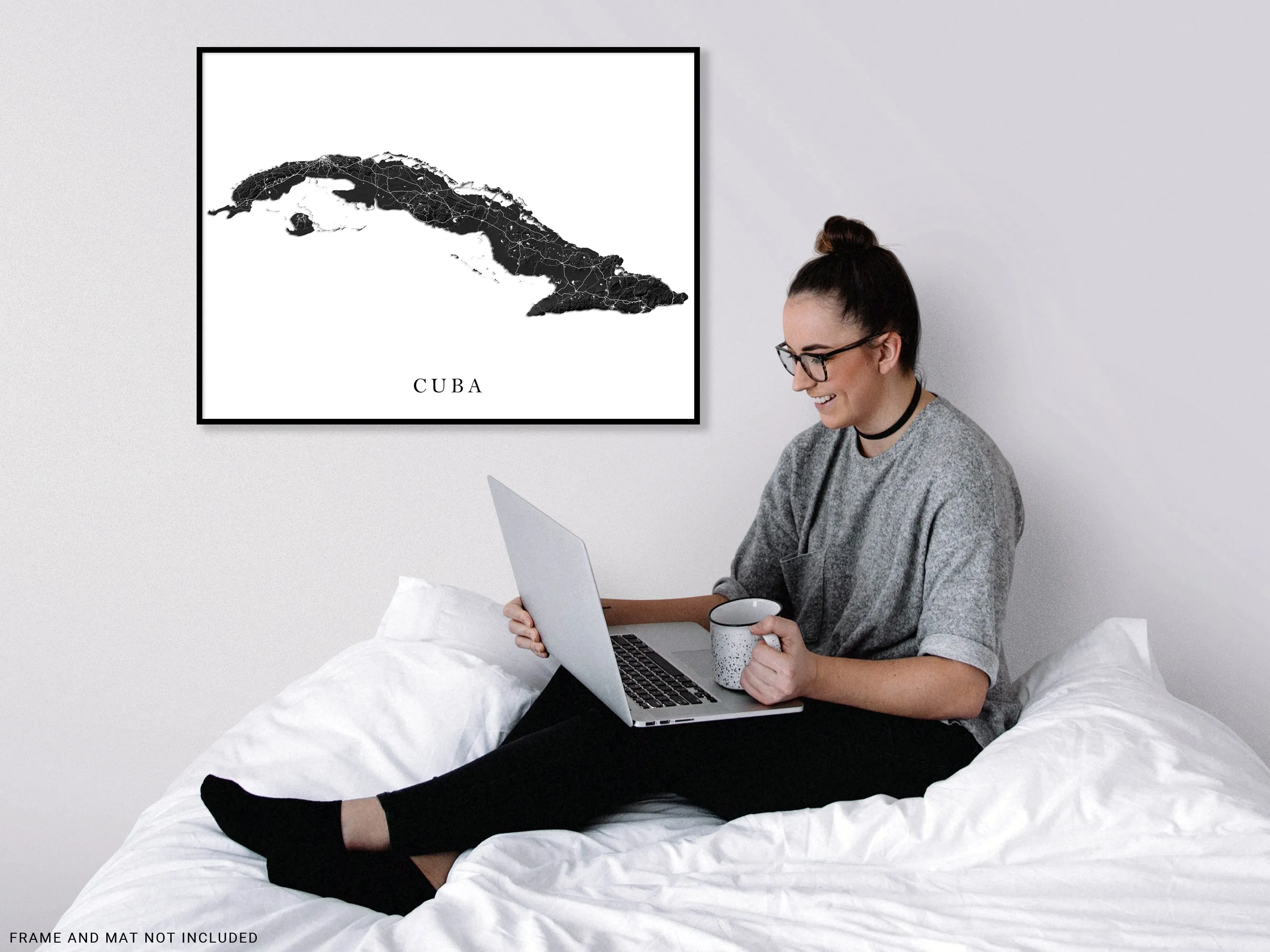 Cuba Map Print Poster, Black and White Topographic Cuban Island Wall Art Prints, Havana Varadero