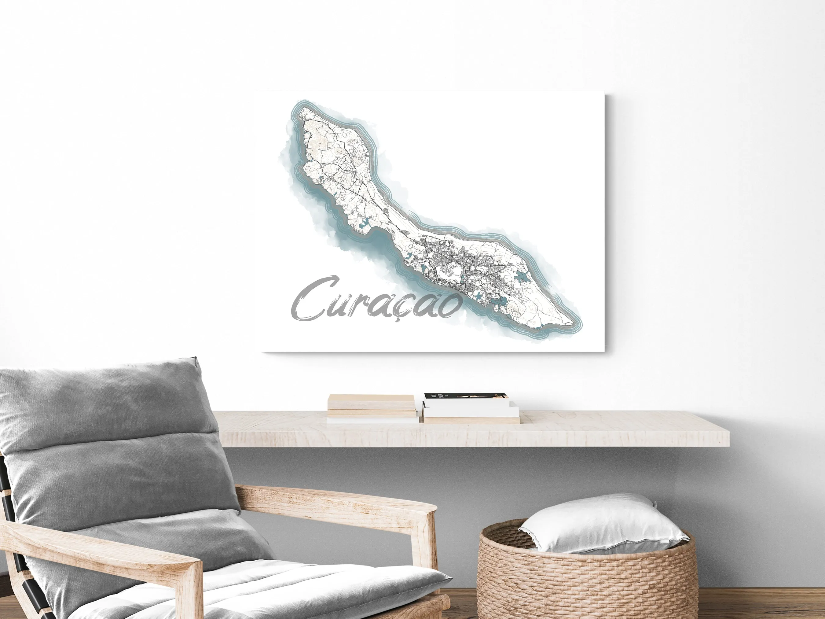 Curacao Map Watercolor Style Design Wall Art Print Poster, ABC Islands Caribbean Contour Maps
