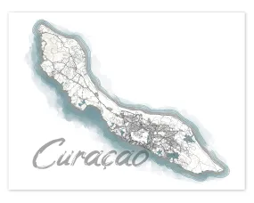 Curacao Map Watercolor Style Design Wall Art Print Poster, ABC Islands Caribbean Contour Maps