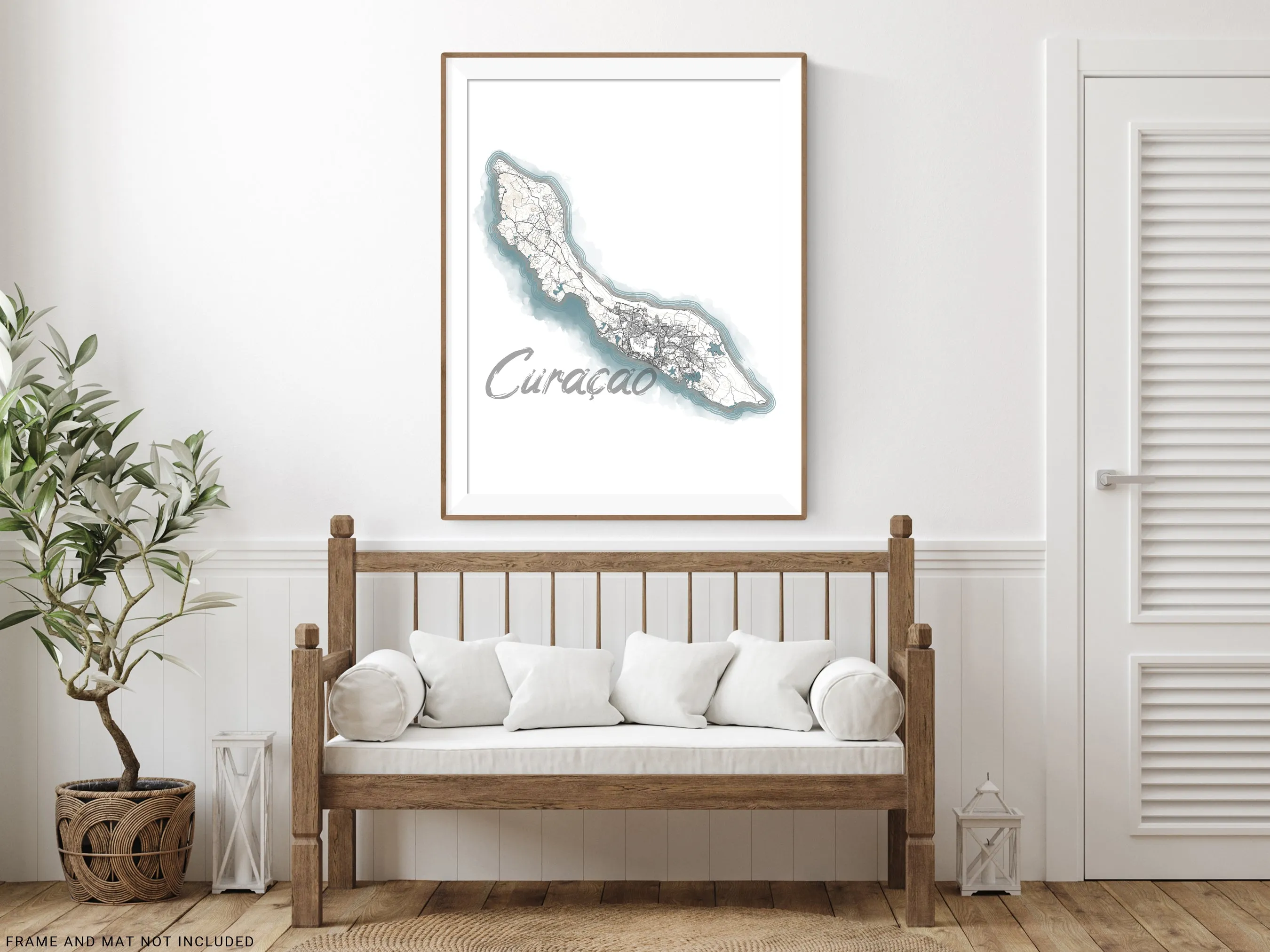 Curacao Map Watercolor Style Design Wall Art Print Poster, ABC Islands Caribbean Contour Maps