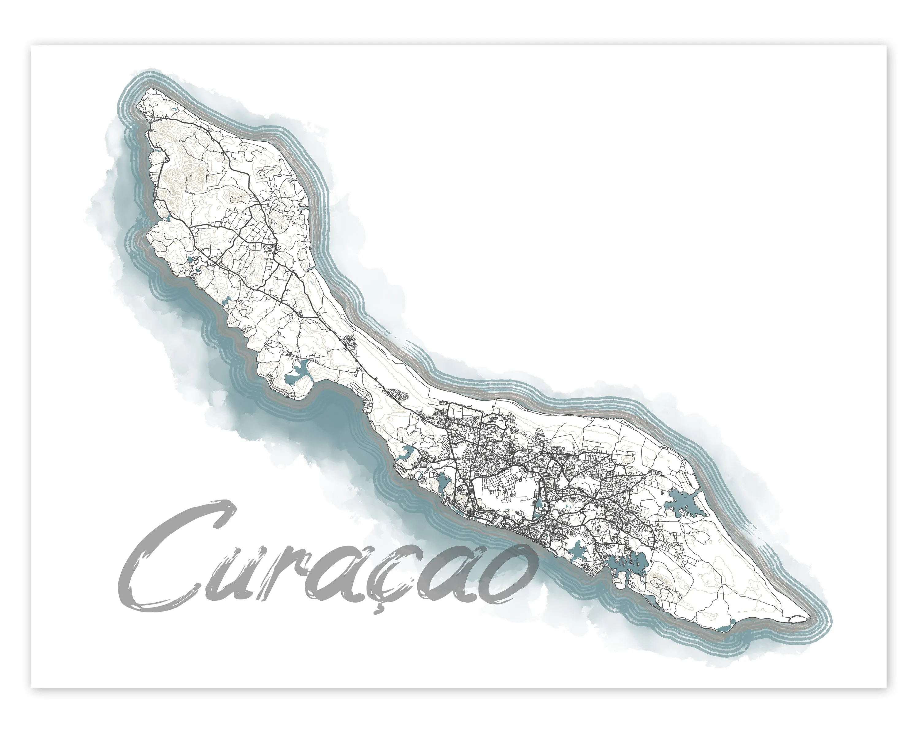 Curacao Map Watercolor Style Design Wall Art Print Poster, ABC Islands Caribbean Contour Maps