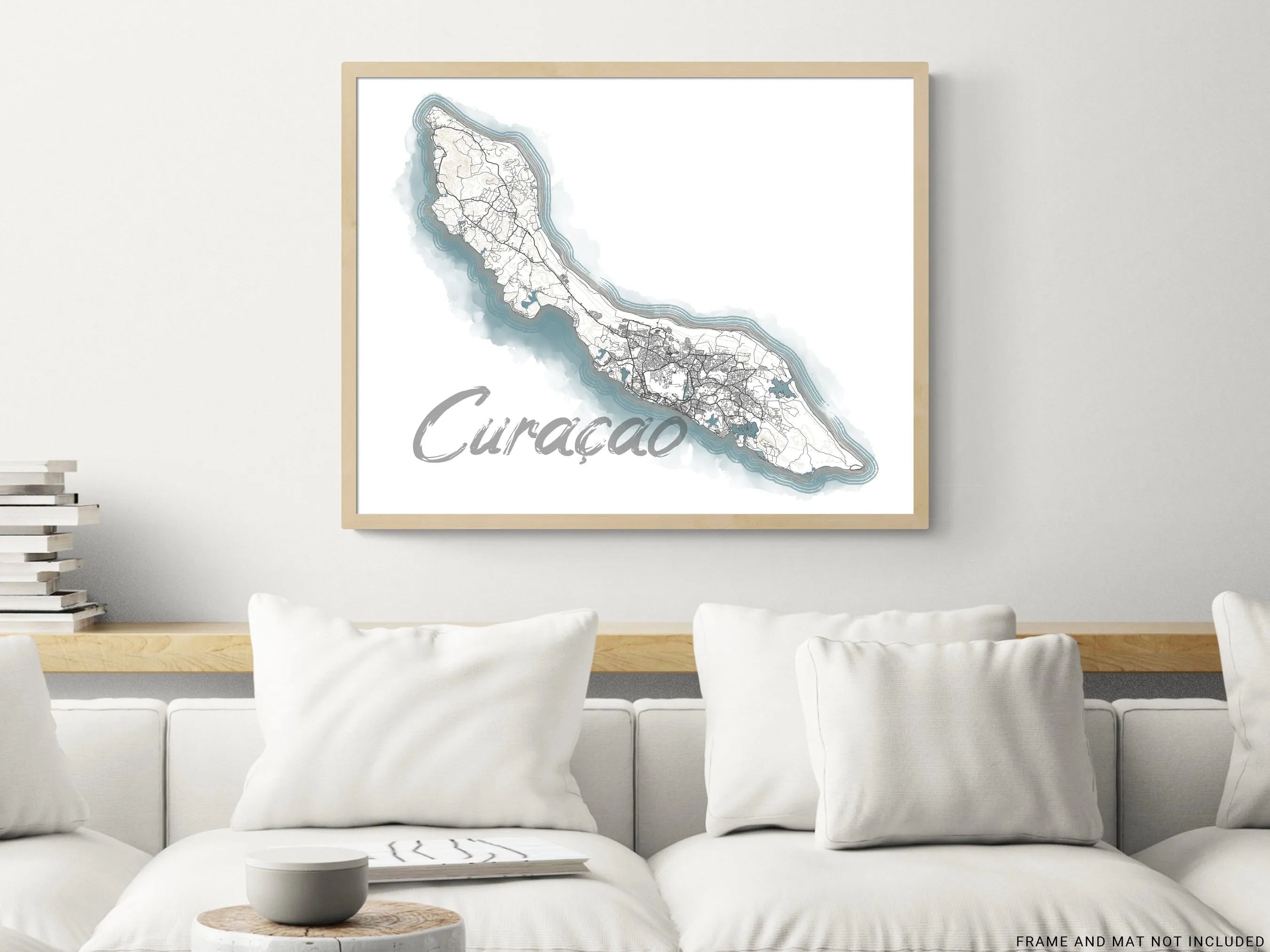 Curacao Map Watercolor Style Design Wall Art Print Poster, ABC Islands Caribbean Contour Maps