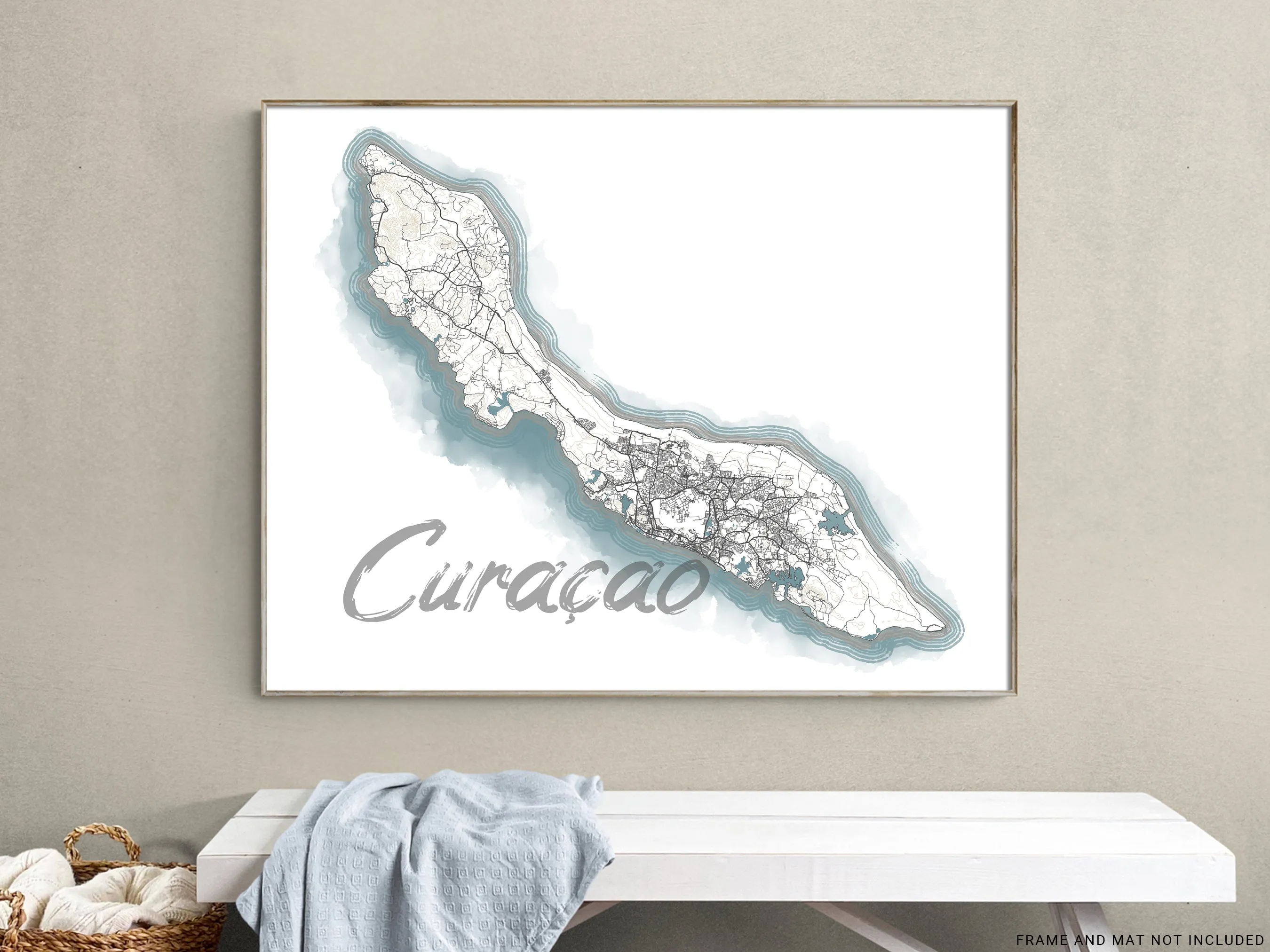 Curacao Map Watercolor Style Design Wall Art Print Poster, ABC Islands Caribbean Contour Maps