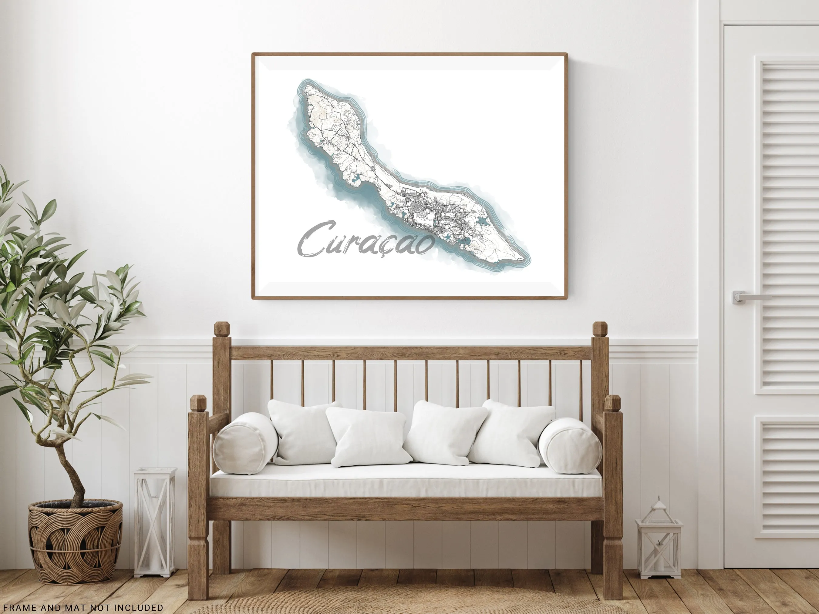 Curacao Map Watercolor Style Design Wall Art Print Poster, ABC Islands Caribbean Contour Maps