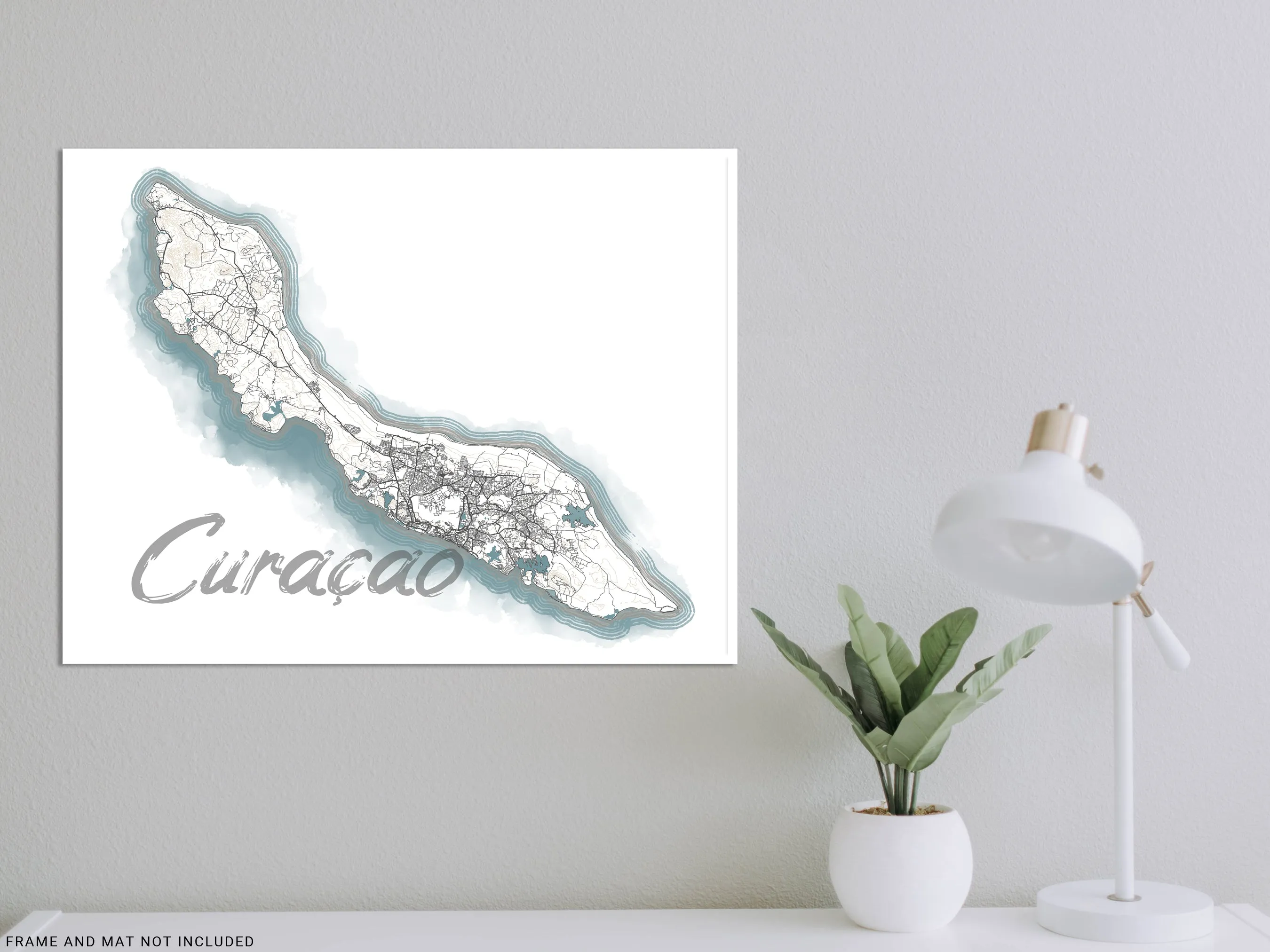 Curacao Map Watercolor Style Design Wall Art Print Poster, ABC Islands Caribbean Contour Maps