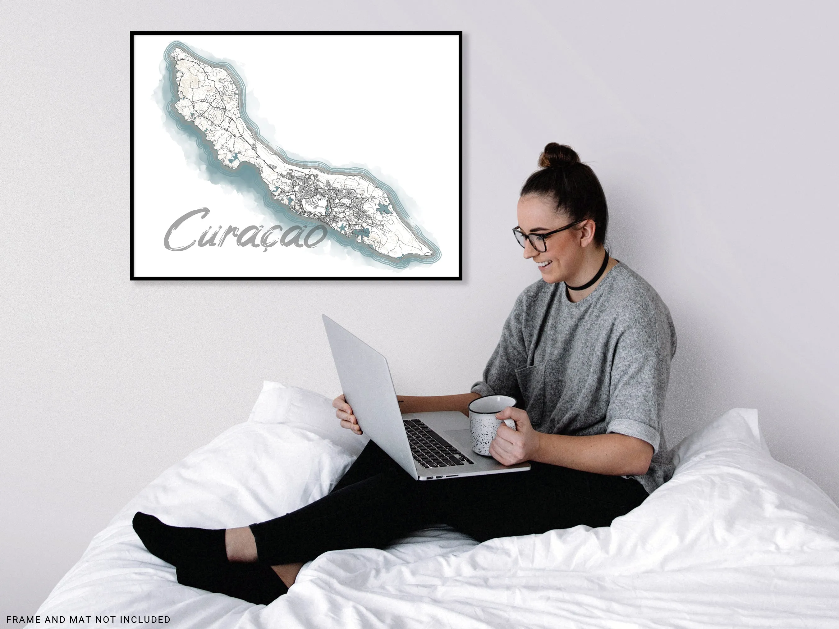 Curacao Map Watercolor Style Design Wall Art Print Poster, ABC Islands Caribbean Contour Maps