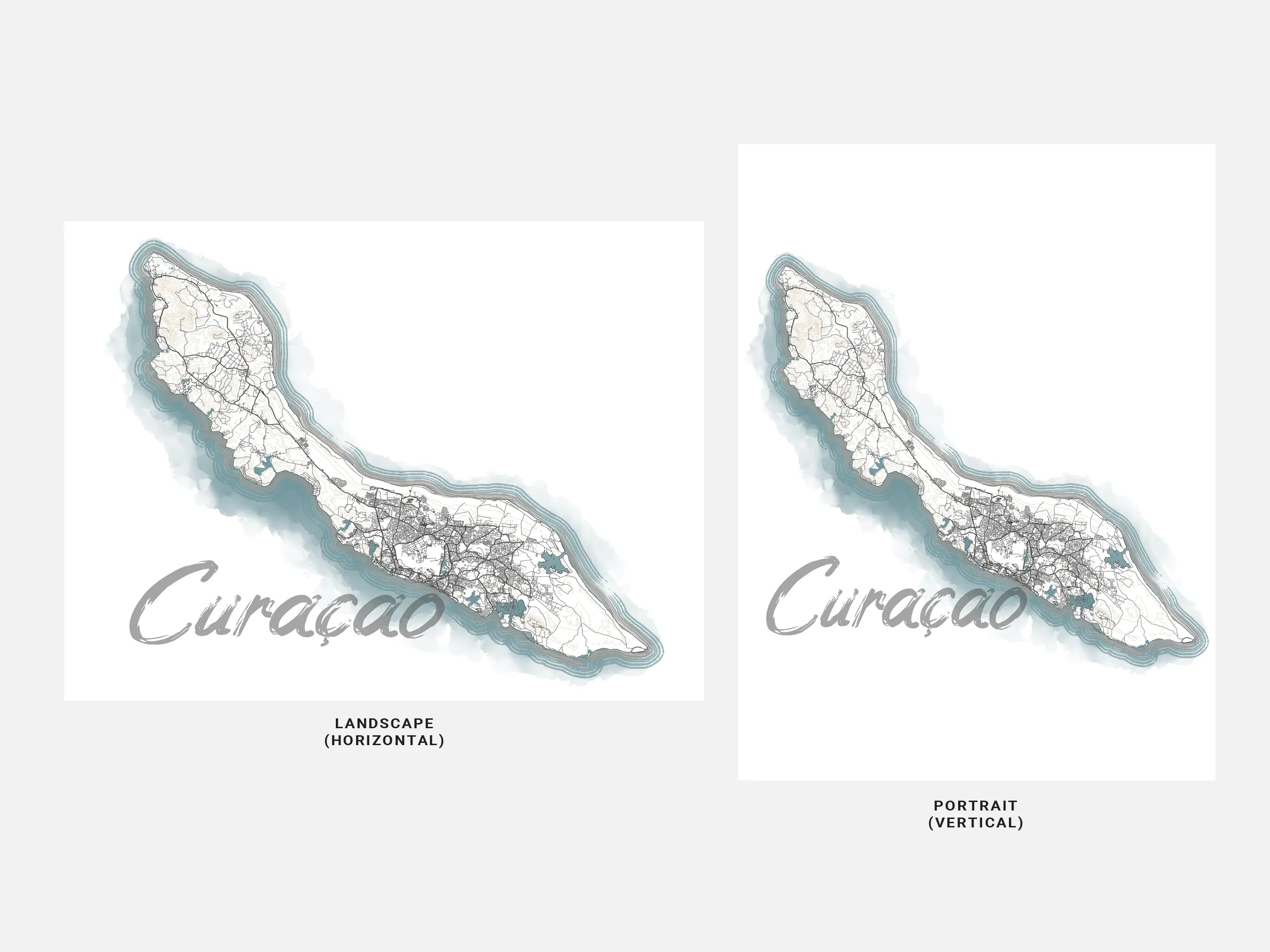 Curacao Map Watercolor Style Design Wall Art Print Poster, ABC Islands Caribbean Contour Maps