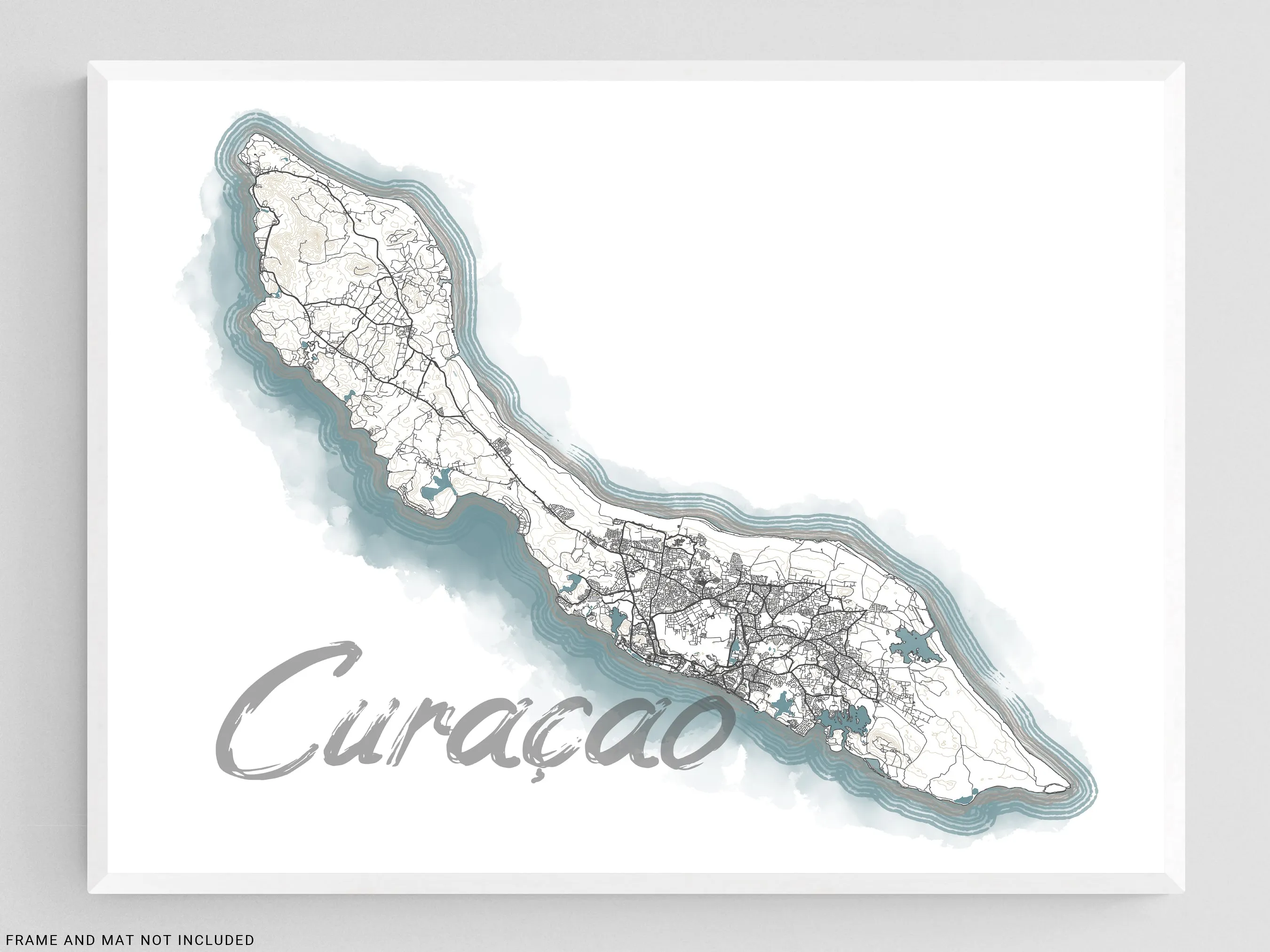 Curacao Map Watercolor Style Design Wall Art Print Poster, ABC Islands Caribbean Contour Maps