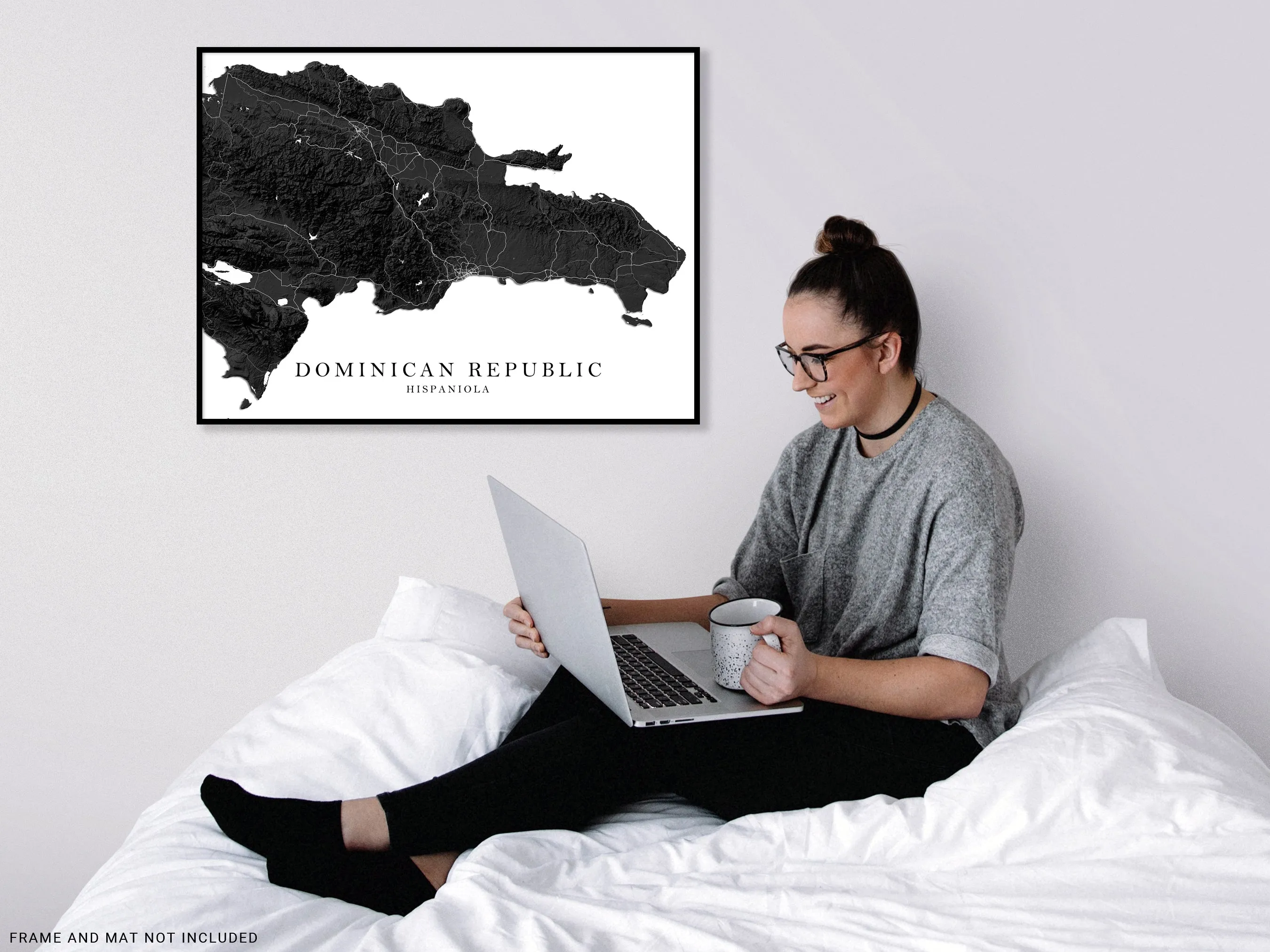 Dominican Republic Map Print Poster, Black and White Caribbean Islands Wall Art Maps, Hispaniola Punta Cana Bavaro Beach