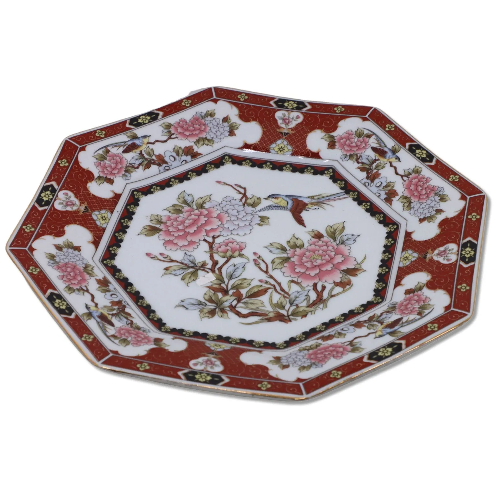 Eiwa Kinsei Hummingbird Peonies Bone Script Octagonal 10" Dinner Plate Japan