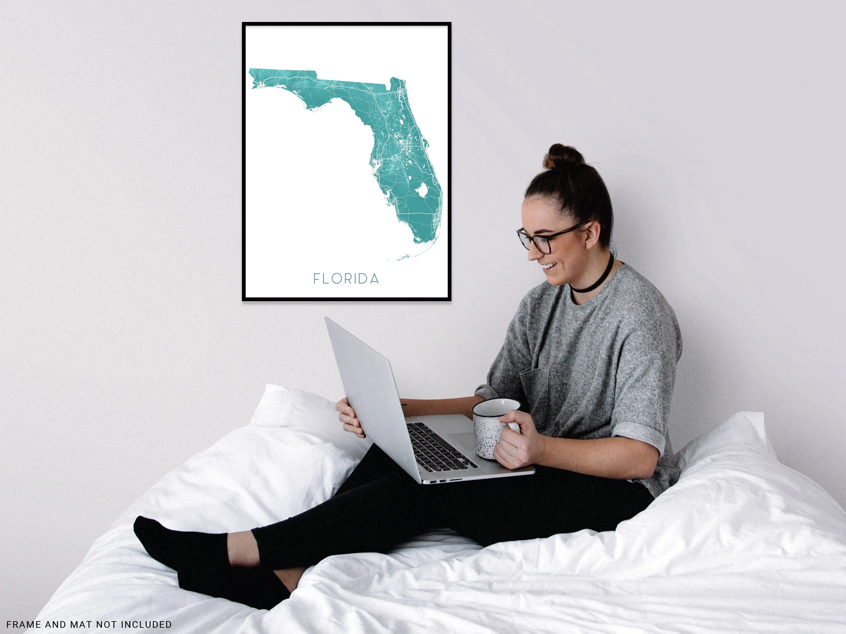 Florida Map Wall Art Print Poster, Turquoise Topographic FL State Road Maps, Keys Miami Key West Orlando