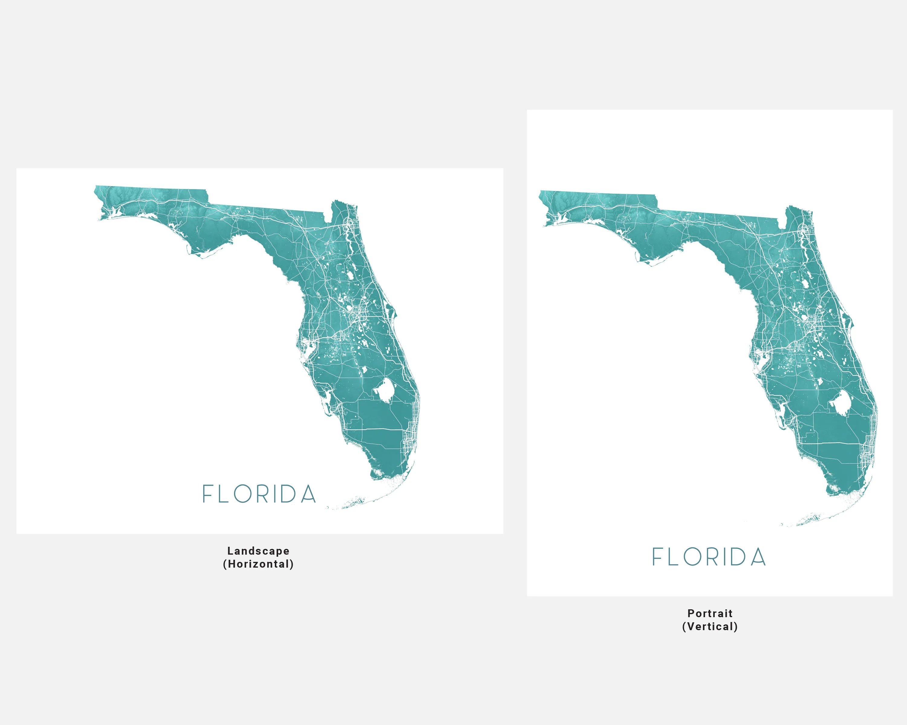 Florida Map Wall Art Print Poster, Turquoise Topographic FL State Road Maps, Keys Miami Key West Orlando