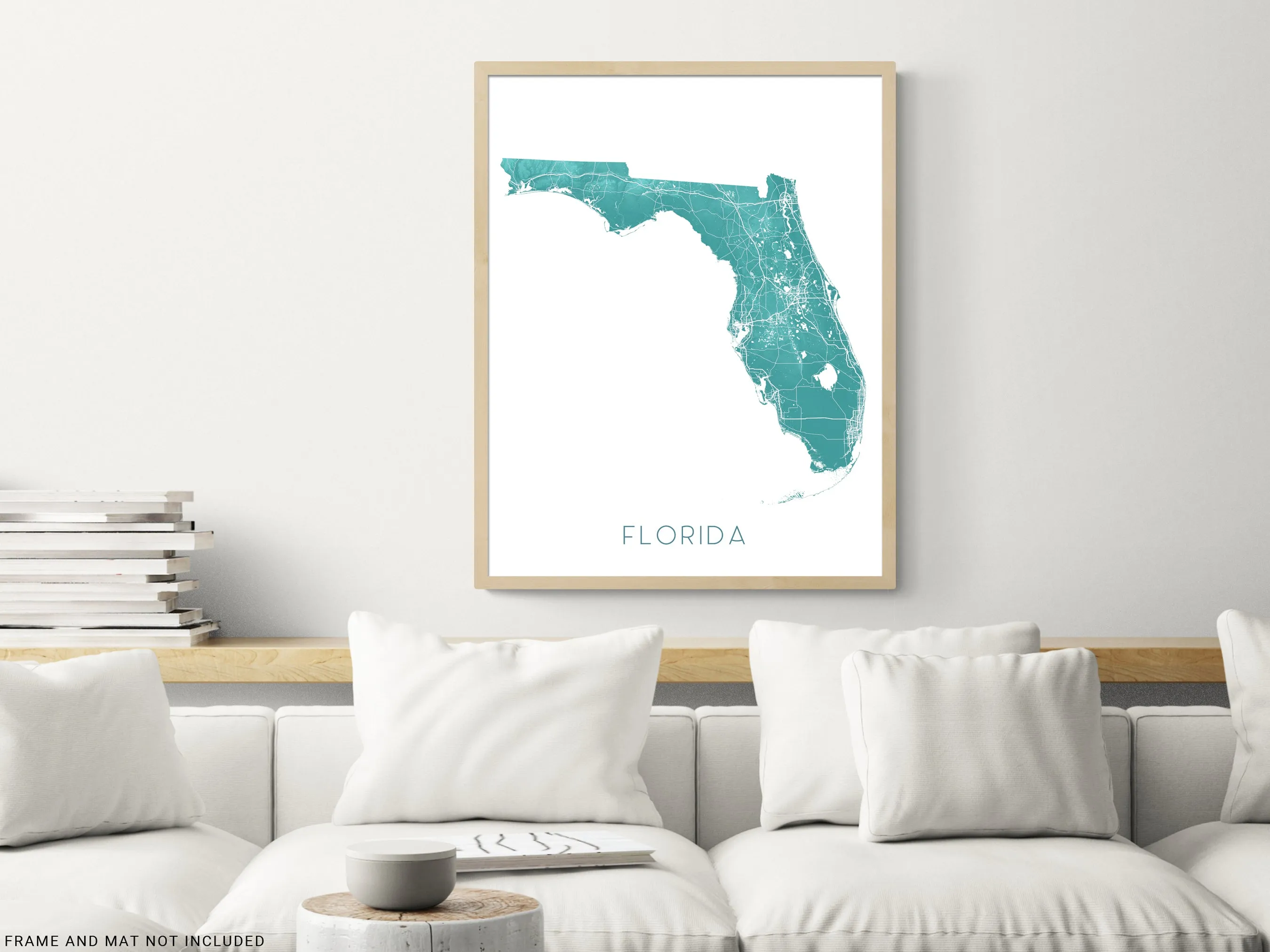 Florida Map Wall Art Print Poster, Turquoise Topographic FL State Road Maps, Keys Miami Key West Orlando