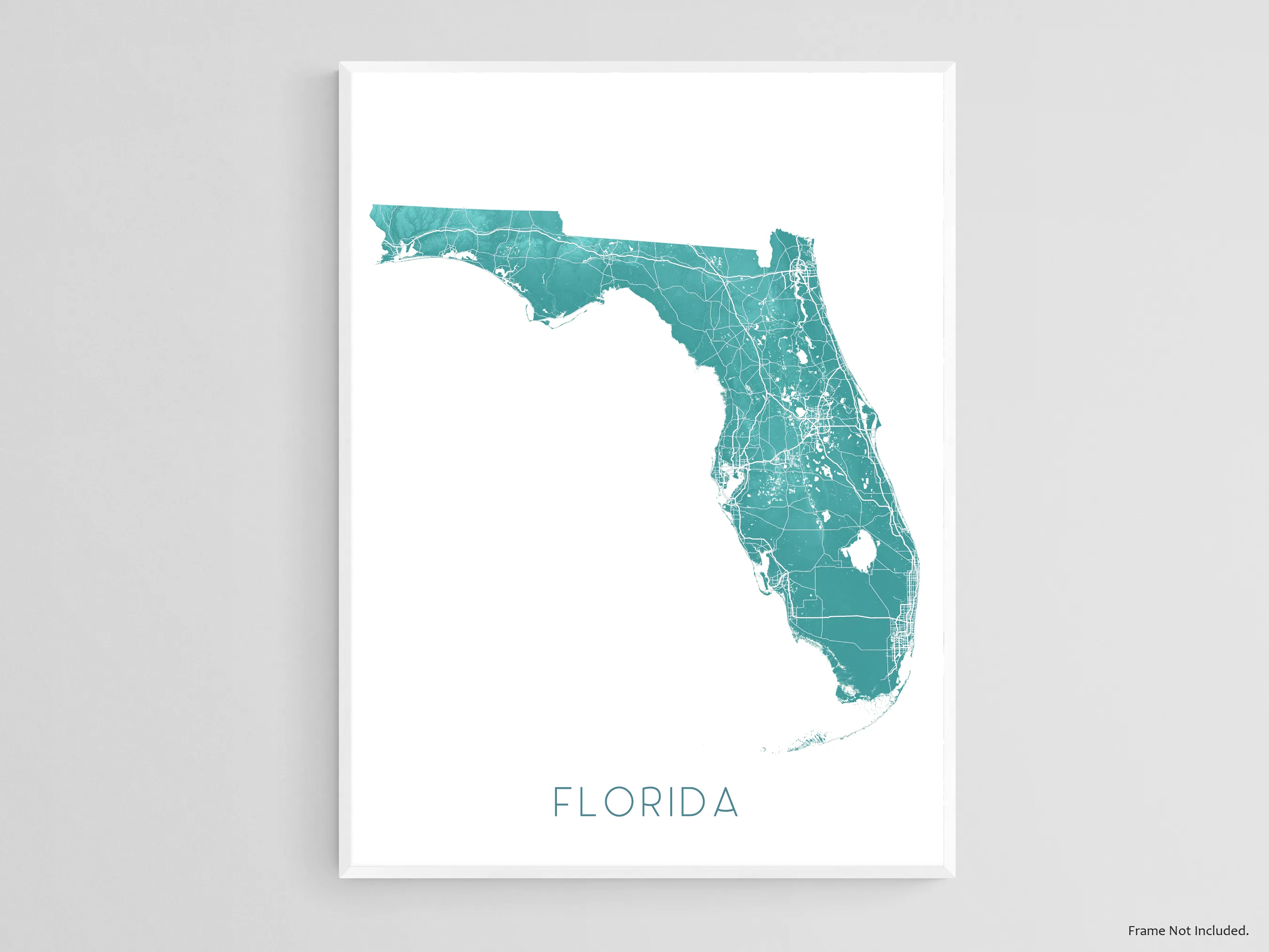 Florida Map Wall Art Print Poster, Turquoise Topographic FL State Road Maps, Keys Miami Key West Orlando
