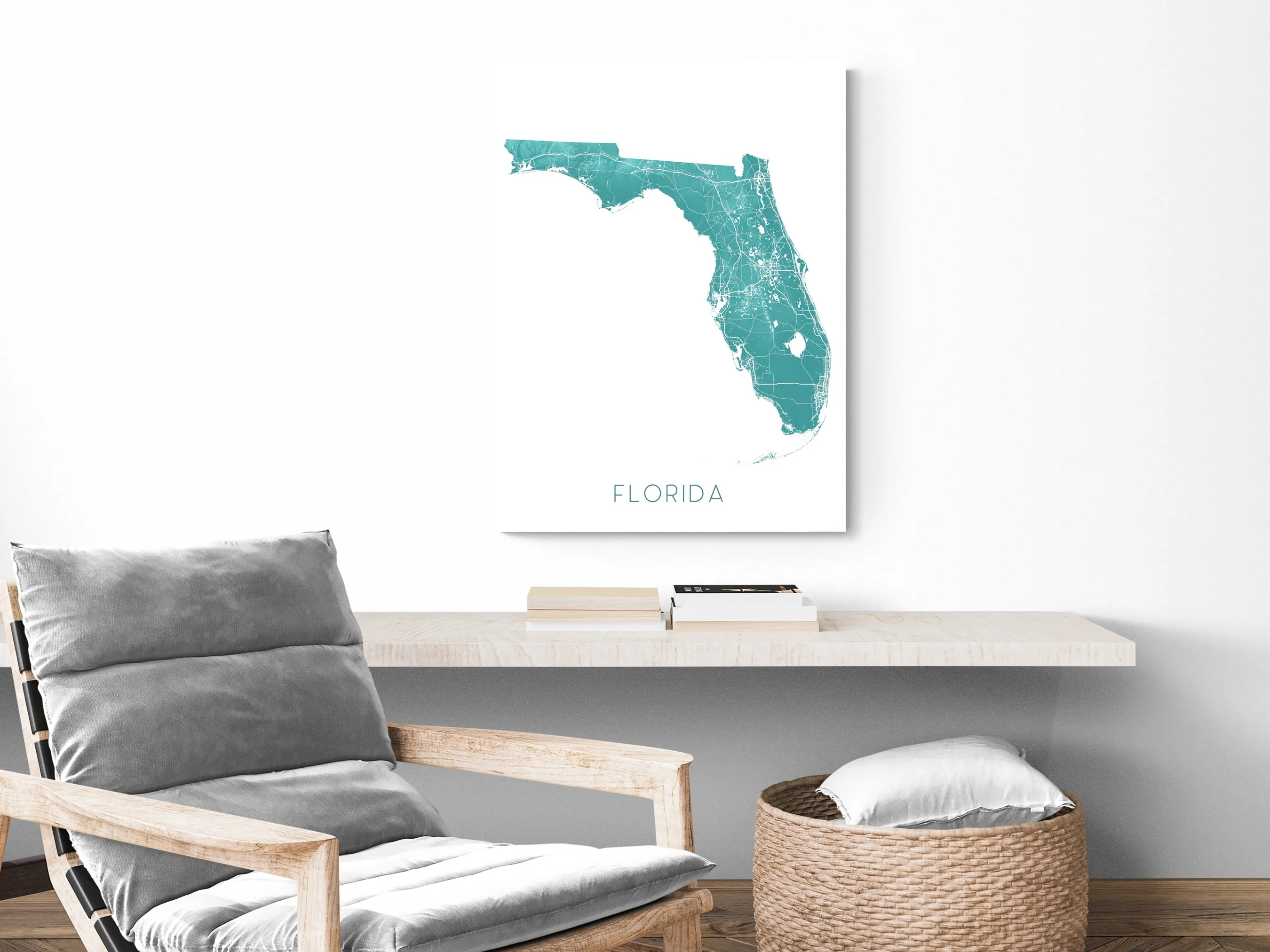 Florida Map Wall Art Print Poster, Turquoise Topographic FL State Road Maps, Keys Miami Key West Orlando